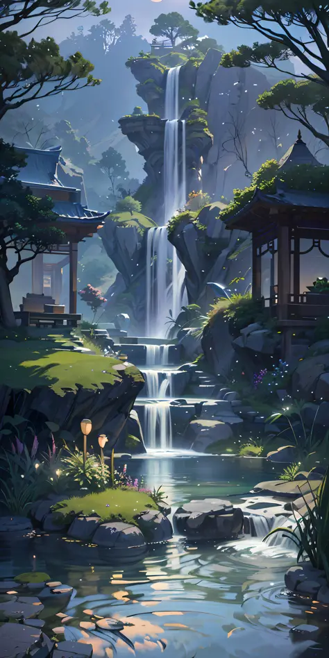 Ancient Chinese architecture, moon, midnight, garden, bamboo, lake, stone bridge, rockery, arch, corner, tree, running water, landscape, outdoor, waterfall, grass, rock, water lily, hot spring, water vapor, (Illustration: 1.0), Epic composition, realistic ...
