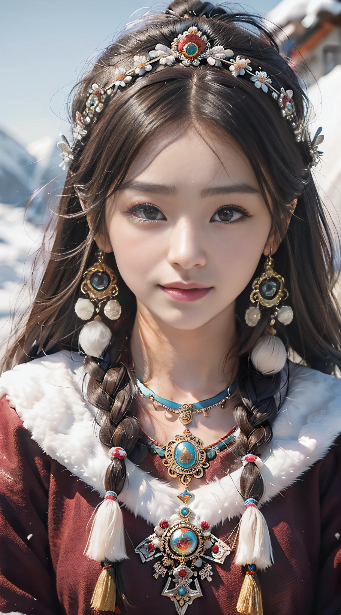 A girl, long braids, Tibetan girl, close-up, slightly raised head ...