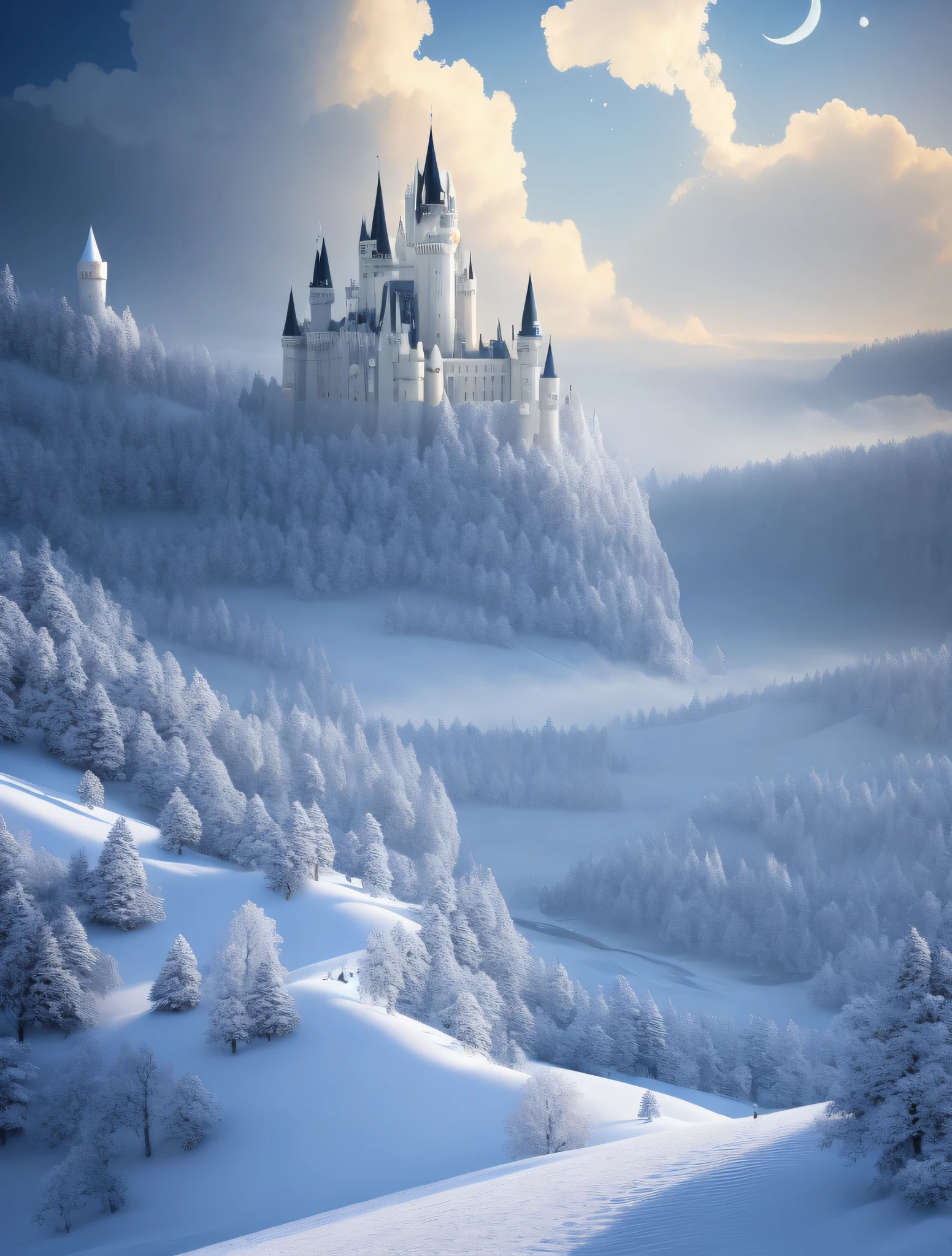 Castles, flowers, exquisite views, sky, white clouds and sun shining on the snow-white sand. Flower Rose and, Diamond Crystal, Fantasy, Moon, Smoke, HD, 8K, Snow, Winter