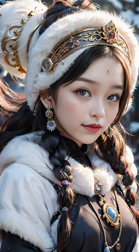 A girl, long braids, Tibetan girl, close-up, slightly raised head, smile, bust photo, upper body, Tibetan clothing, clothes with fluff, white flut, high-end Tibetan clothing, cumbersome Tibetan clothing design, cold clothing, winter clothing, appearance Ya...
