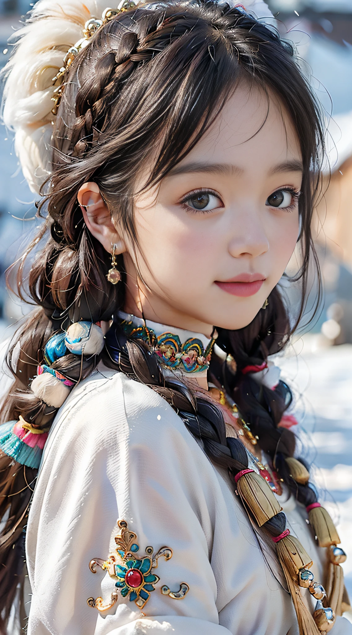 A girl, long braids, Tibetan girl, close-up, slightly raised head ...