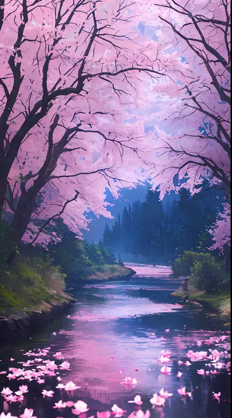 (best quality, masterpiece), (night sky, river behind, huge old trees behind, pink petals falling behind,)