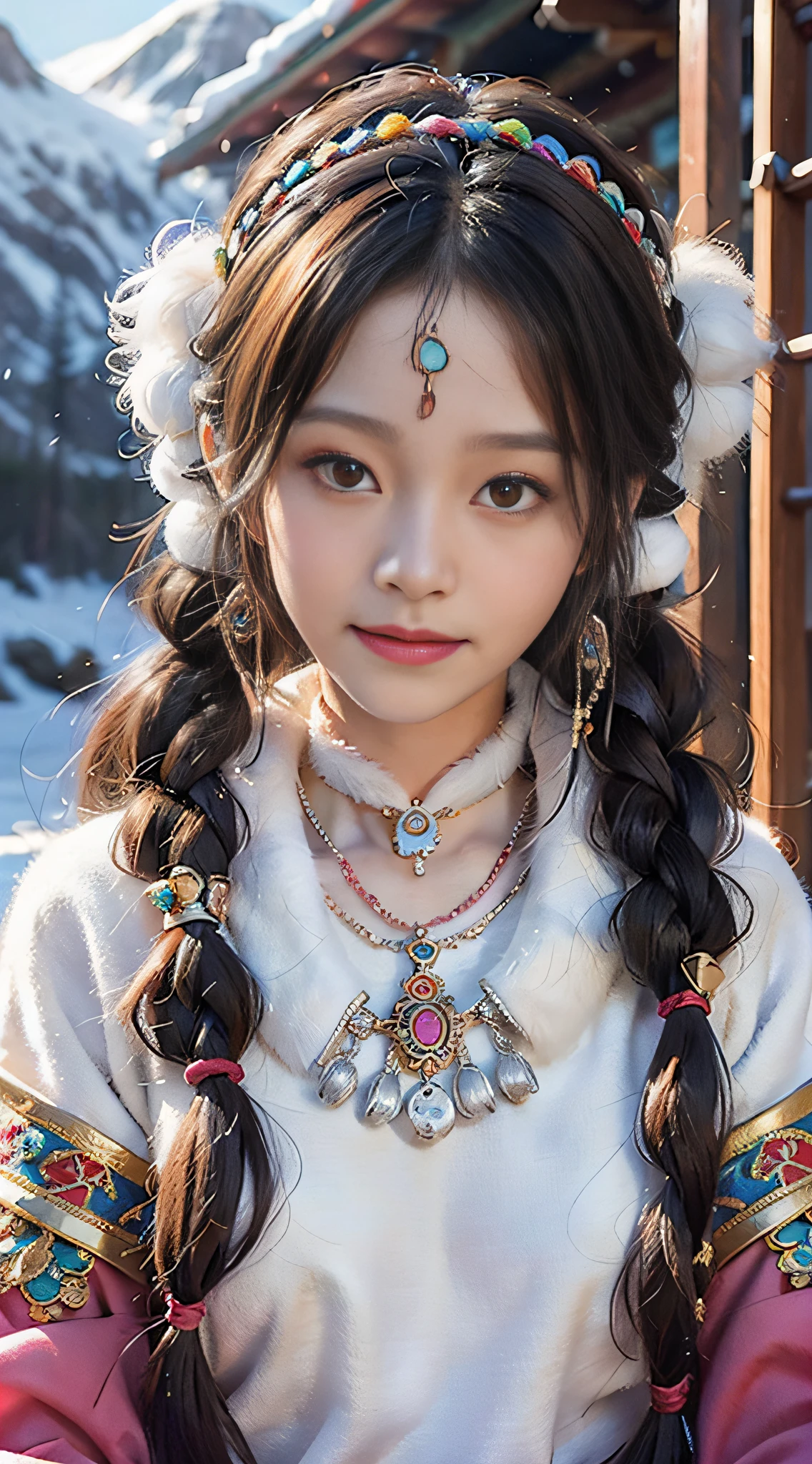 A girl, long braids, Tibetan girl, close-up, slightly raised head, smile, upper body, front photo, bust photo, Tibetan costume, colorful costume, collar with fluff, fluff collar, delicate fluff fur, high-end Tibetan clothing, cumbersome Tibetan clothing design, cold clothing, winter clothing, appearance Yang transcendence, round face shape, gorgeous Tibetan clothing, cumbersome Tibetan necklace, cumbersome Tibetan headdress, colorful headband, real CG, sweet style, film style, HD 4K, photography effect, studio effect, White glow, mythical wind, snowfield background, character core, picture ratio 16:9, mask fresh.