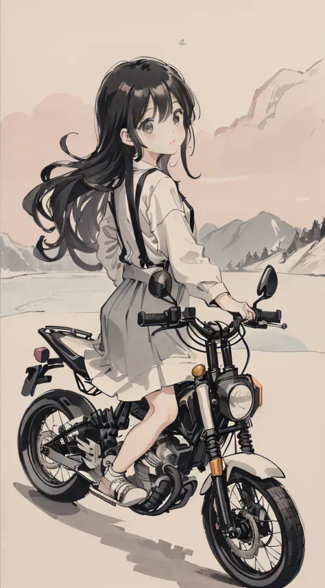 Girl riding a pink motorcycle, carrying a girl, ball head, flowing hair, back to me, cell phone in hand, cute, funny, suspenders, road background, vehicle, spoof, streamer, black hair, black cloth shoes, ink, landscape, HD