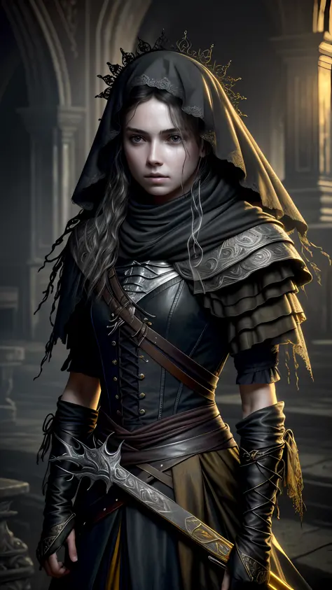 photograph, masterpiece, photorealistic, realistic, extremely high detail, HDR, (8k, RAW photo:1.2), soulsborne, young female, monster, assassin, long messy hair, glowing eyes, face covered, dagger, dark magic, yellow and black auras, high detailed skin, (...