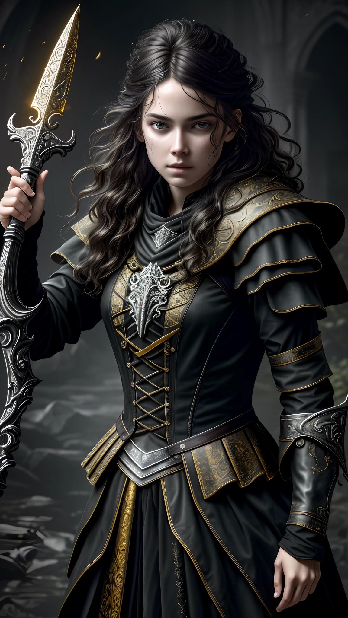 photograph, masterpiece, photorealistic, realistic, extremely high detail, HDR, (8k, RAW photo:1.2), soulsborne, young female, monster, assassin, long messy hair, glowing eyes, face covered, dagger, dark magic, yellow and black auras, high detailed skin, (best quality:1.4), (ultra highres:1.2),