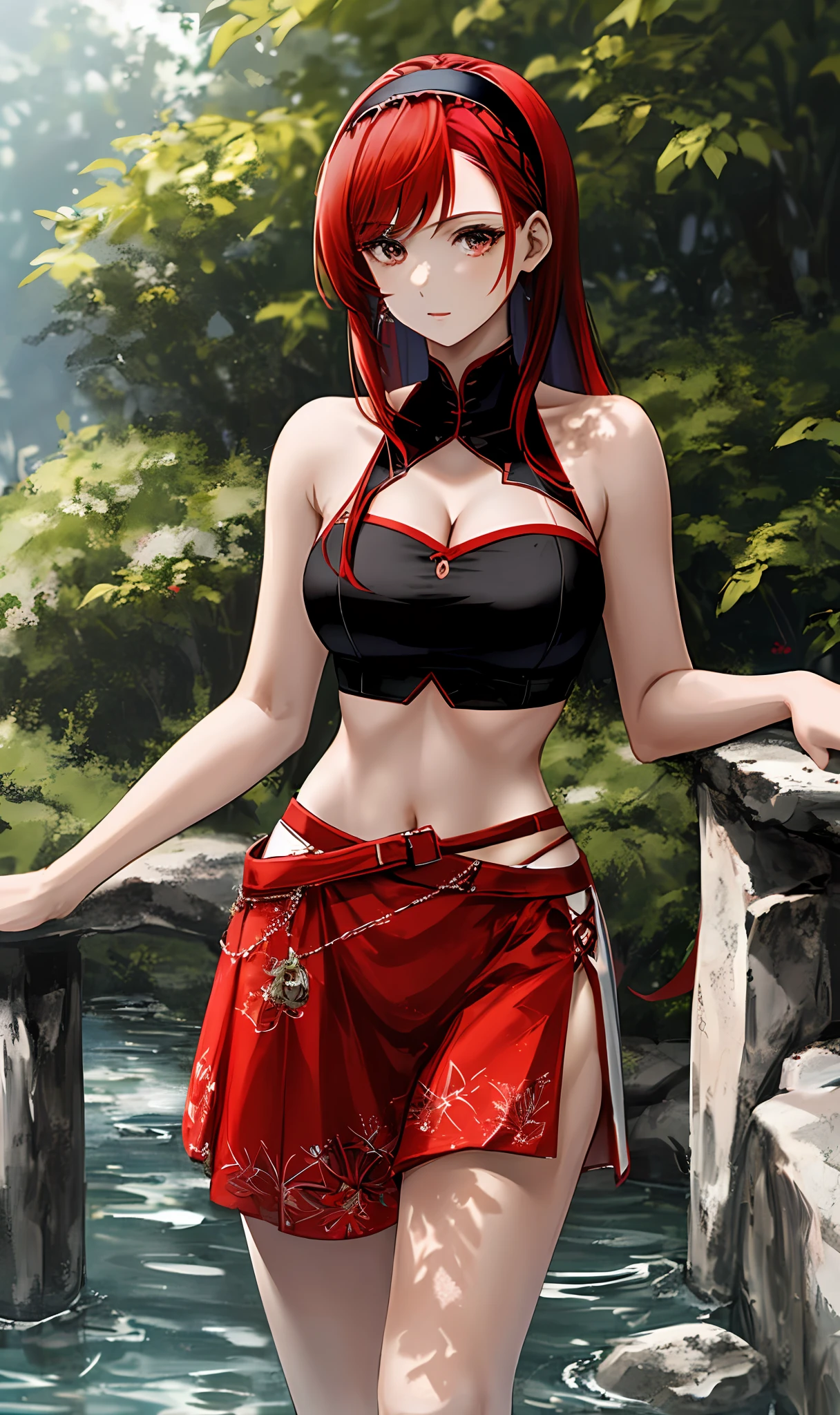 ((masterpiece, best quality)), (1girl),((mature female)), red hair, hairband, bangs, long hair, two piece strapless suit two piece, __location_, black hairband, shoulder cutout, black thitying hair,curvy,cleavage,confident,nature,