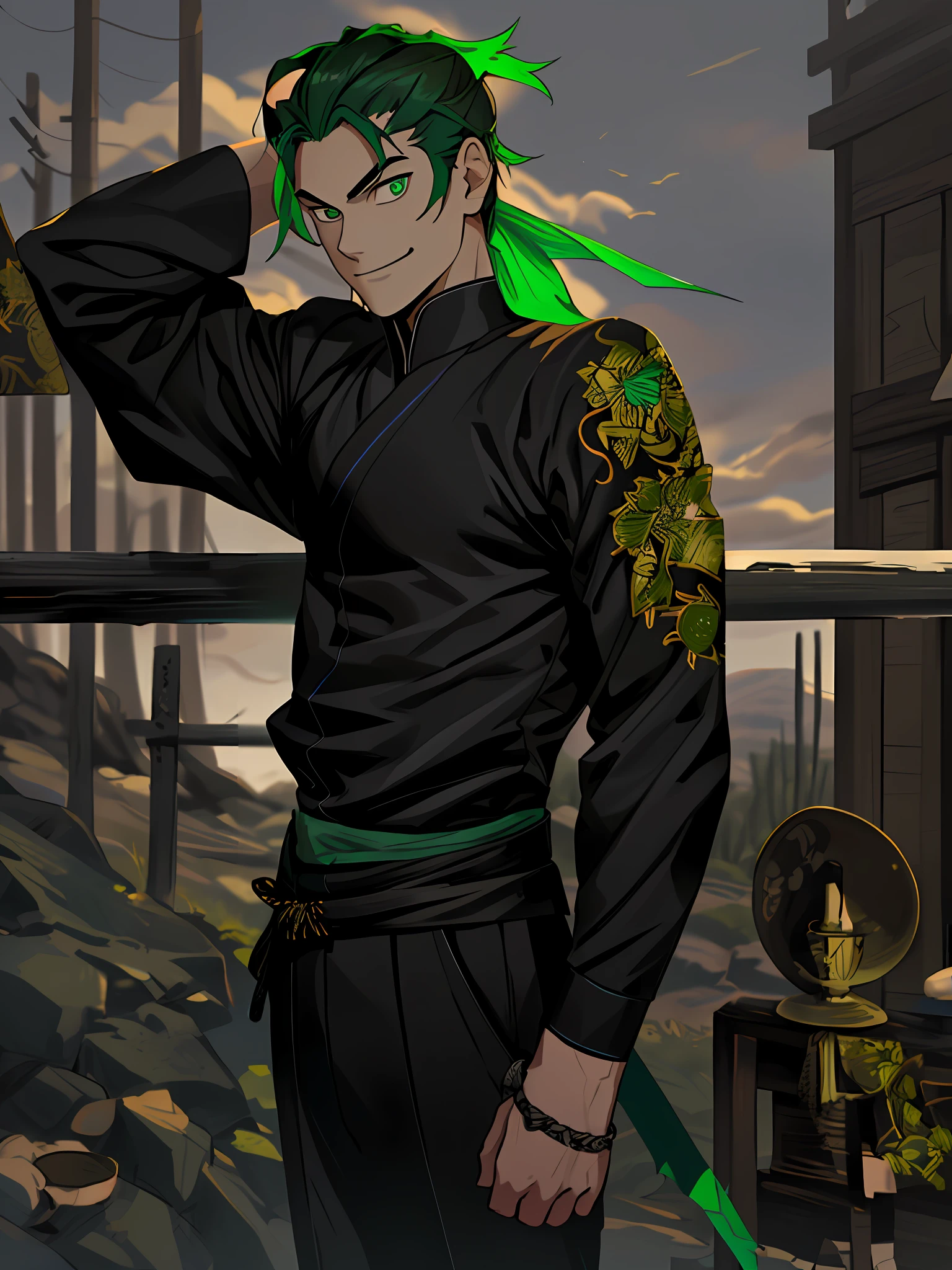 Anime guy with green hair and green dragon on his arm - SeaArt AI