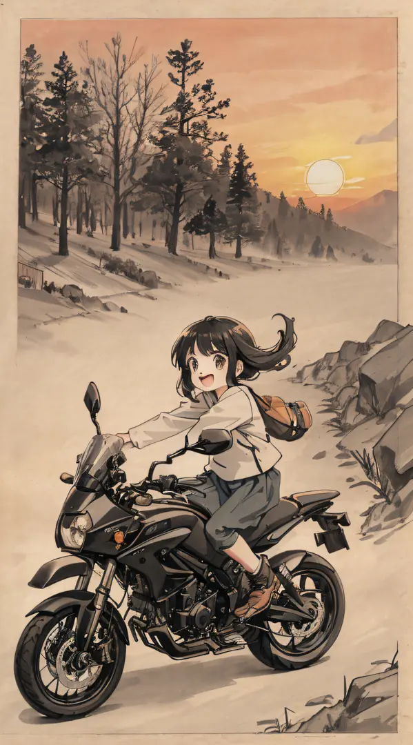 Sunset, road background, 2 little girls riding on motorcycle, happy