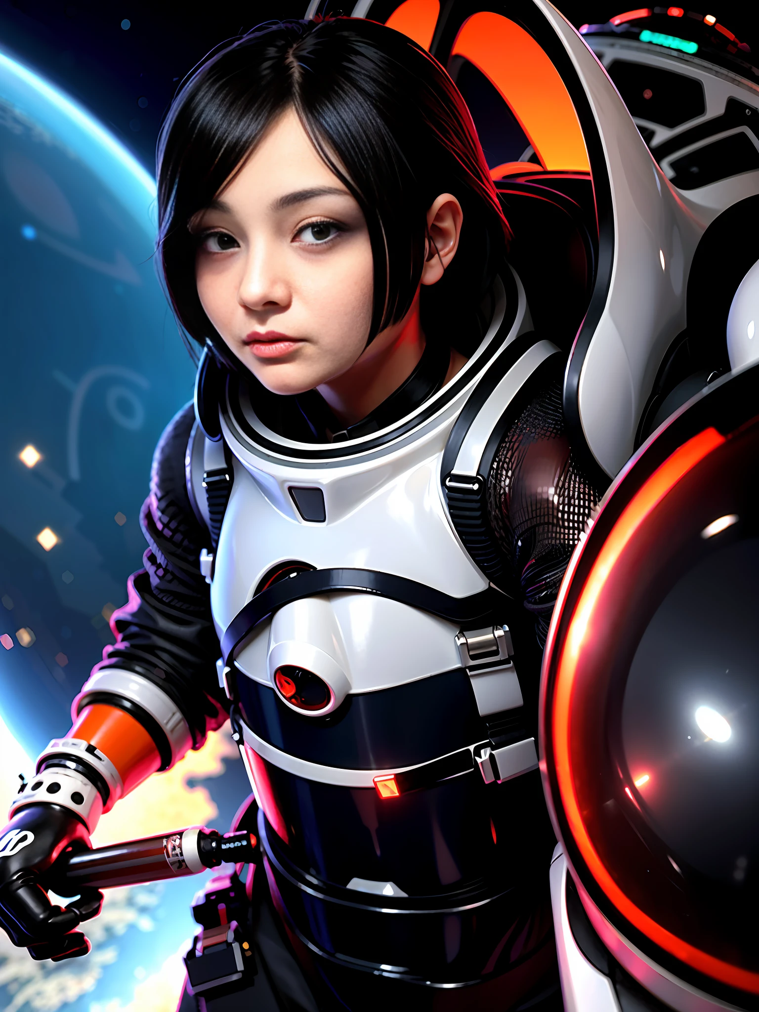 1girl,flat_breasts,cute,beautiful detailed eyes,shiny hair,visible through hair,hairs between eyes, CCCPposter, sovietposter,red monochrome,soviet poster, soviet,communism, Black_hair,red_eyes,vampire,teenage,poorbreast,Spacesuit:Orange_clothing_body:jumpsuit),white_gloves, white_space shoes, white_helmet, the CCCP red letters on the top of helmet, weightlessness, Side light, reflection, The person in the spacesuit is at the bottom left of the frame, The right hand is outstretched, the right hand gently touches the Salyut space station), Space station in the upper right corner of the screen, Reflected light from the sun, Silver metal,red flag, brilliance,USSR style, diffuse reflection, Metallic texture, The vista is a blue Earth,mecha style,the sea of star,high tone, magnificent --auto --s2