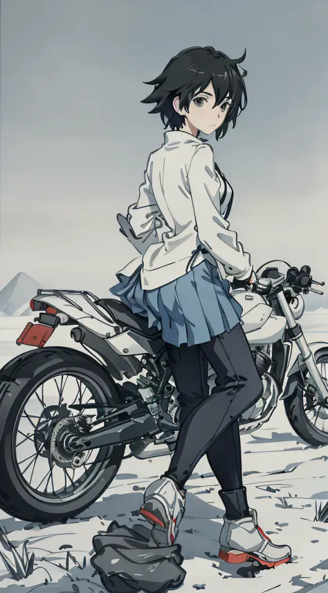 Drawing a girl riding a motorcycle on a snowy road, carrying another girl on board, holding the driving girl, with her back to the viewer's perspective, close-up, style for Makoto Shinkai, Makoto Shinkai style, Makoto Shinkai art style, Makoto Shinkai styl...