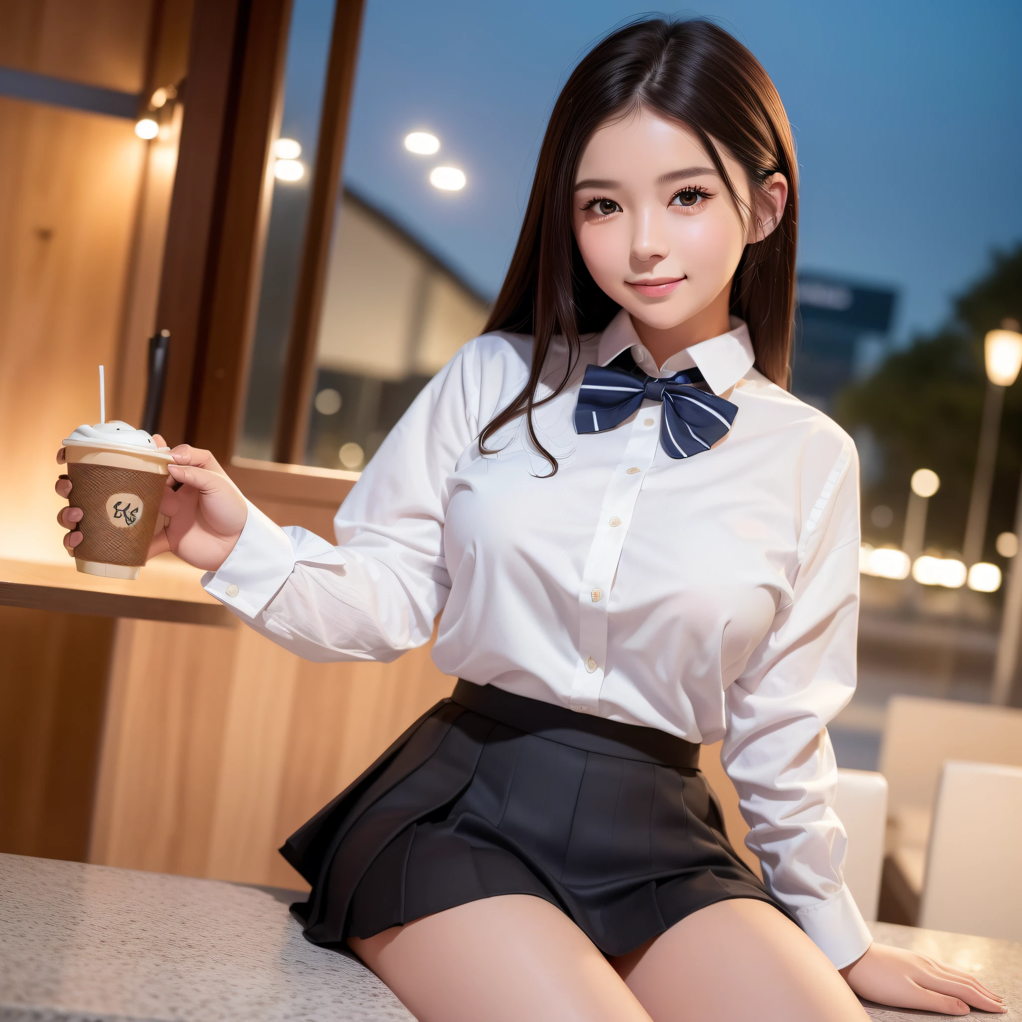 1 girl, (8k, RAW photo, best quality, masterpiece: 1.2), (realistic, photo-realistic: 1.37), ultra-detailed, beautiful, solo, beautiful detailed sky, detailed coffee, night, sitting, (flushed nose), (smile: 1.1), medium breasts, beautiful detailed eyes, long brown hair, (collared shirt: 1.1), bow tie, pleated skirt, (short hair: 1.2), long hair, taking big ice cream,