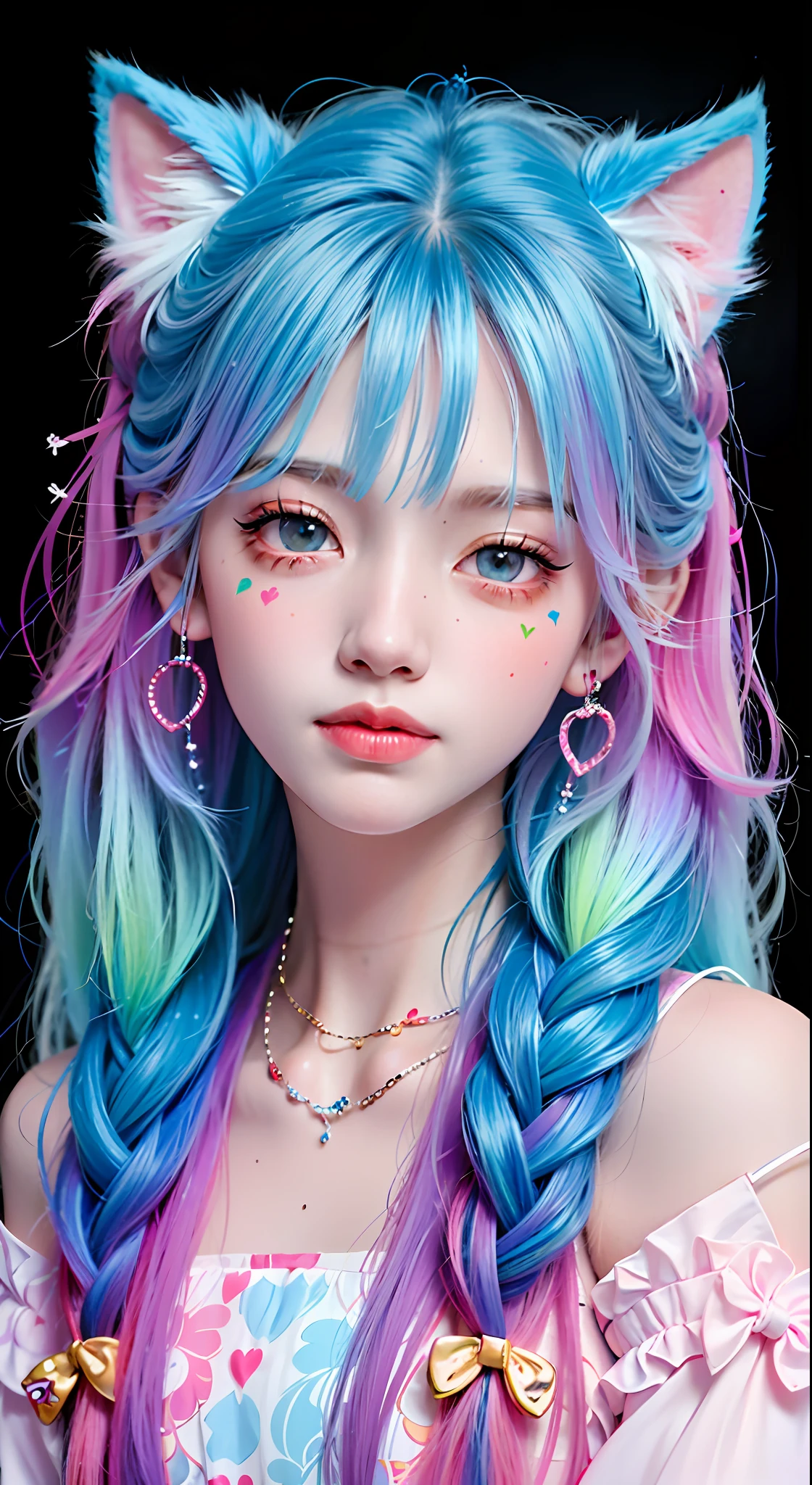 Close-up of a long-haired girl wearing cat ears and pink dress, realistic portrait of kawaii, cute colorful cute, anime style. 8k, color]", colorful braids, Guvez style artwork, vibrant fantasy style, cute art style, anime style 3D, color pastel, realistic anime 3D style, ((hands to heart))