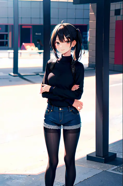 denim shorts, black tights, black sweater, ultra high quality, high resolution, standing, one girl, jk