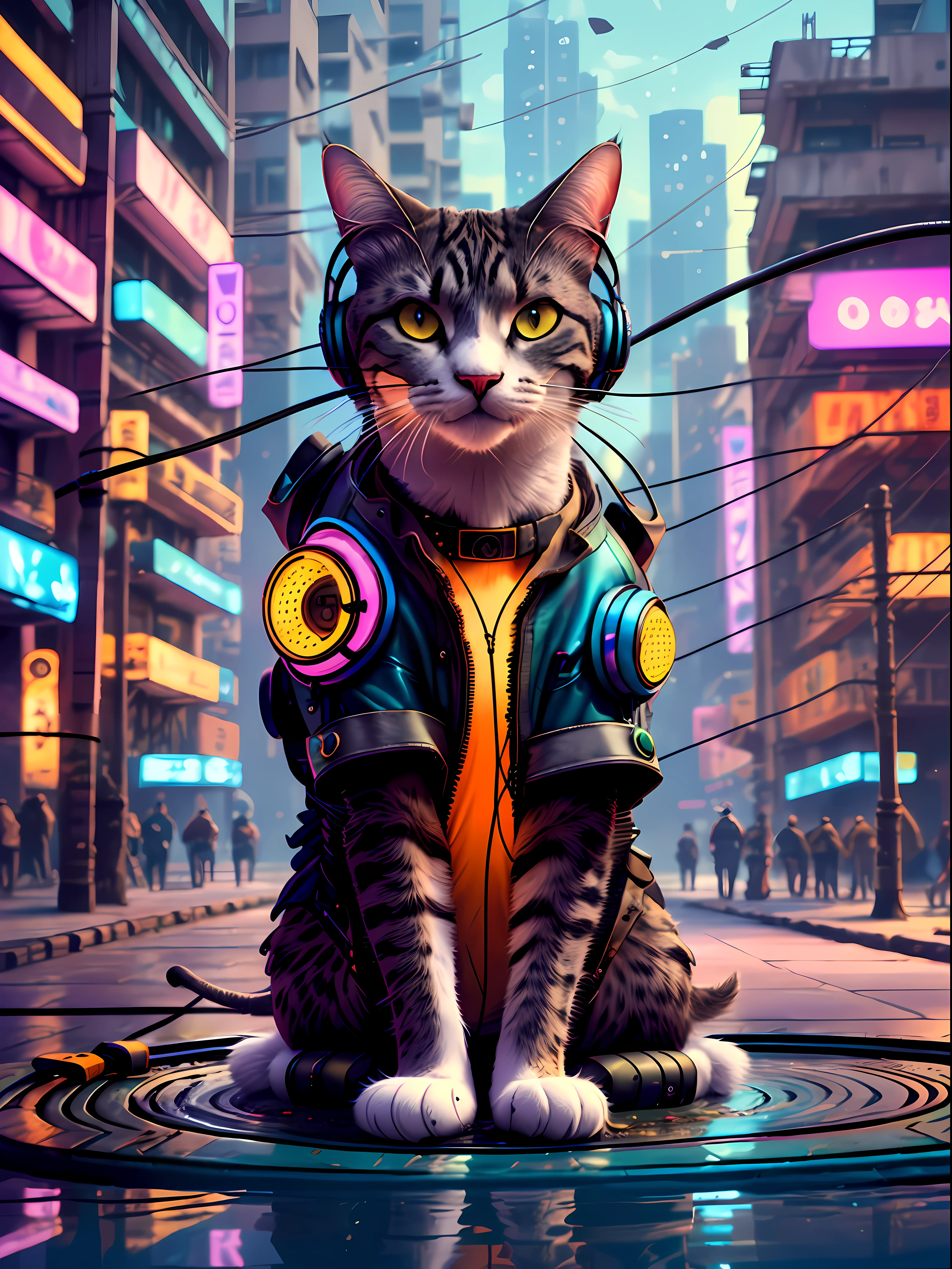 A cat with headphones and a jacket is sitting on a large lily leaf in a fountain. Cyberpunk and post-Soviet modernism  style themed. closeup view, neon lights., Pop art, Pixar, three sided view, UHD, anatomically correct, textured skin, super detail, high quality, 4K