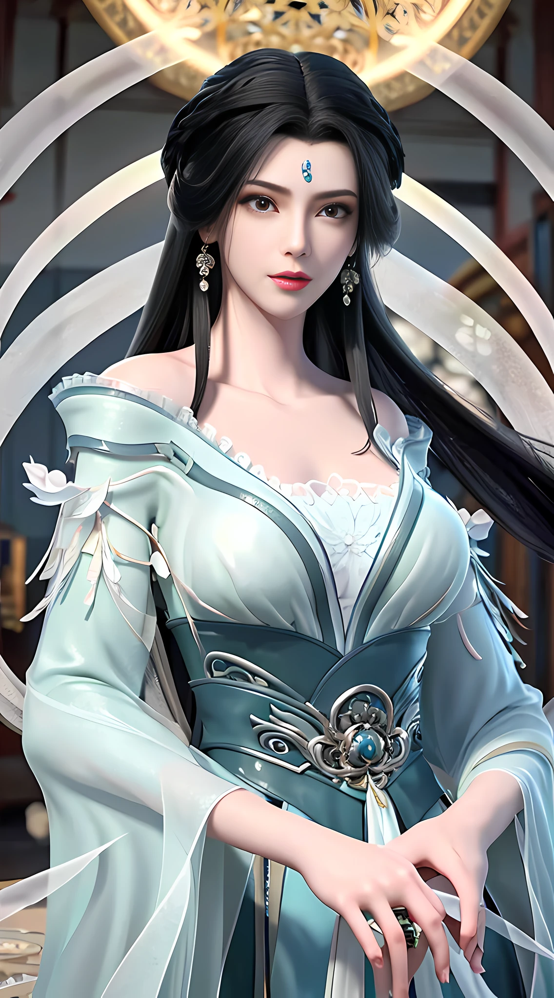 (Best Quality, Masterpiece: 1.2), Ultra High Resolution, Realistic, Front Lighting, Intricate Details, Exquisite Details and Textures, 1girl, Solo, (Young), Facial Highlight, Upper Body, Detail Face, Tear Mole, White Skin, Silver Hair, High Ponytail, Looking at the Audience, Big Eyes, Silk Hanfu, (Openwork Pattern, White, Silk), Earrings, Big Breasts, Slim Figure, Chang'an Avenue, Professional Lighting, Photon Mapping, Light Energy Transfer, Physically Based Rendering,