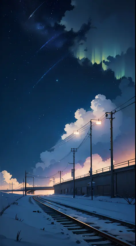 There is a train running along the tracks in the snow, Ultra HD, 8K, Starry Sky, Universe, Night, Aurora, Makoto Shinkai's concept art, Tumblr, Magical Realism, Beautiful Anime Scene, Cosmic Sky. by Makoto Shinkai, ( ( ( Makoto Shinkai ) ), anime backgroun...