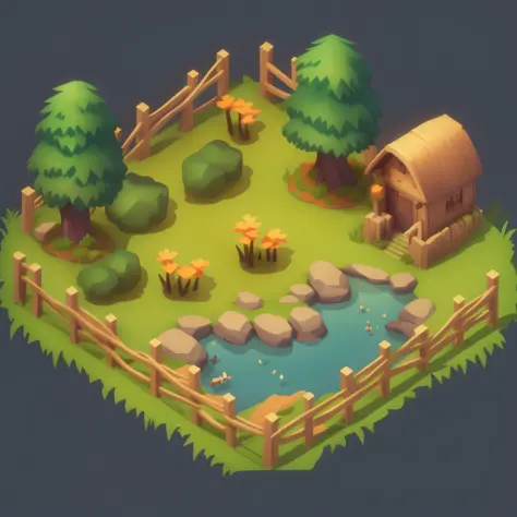 a cartoon style illustration of a small pond surrounded by trees, isometric game asset, stylized game art, isometric 2 d game art, isometric game art, game asset, rpg game environment asset, 2 d game environment design, mobile game asset, stylized concept ...