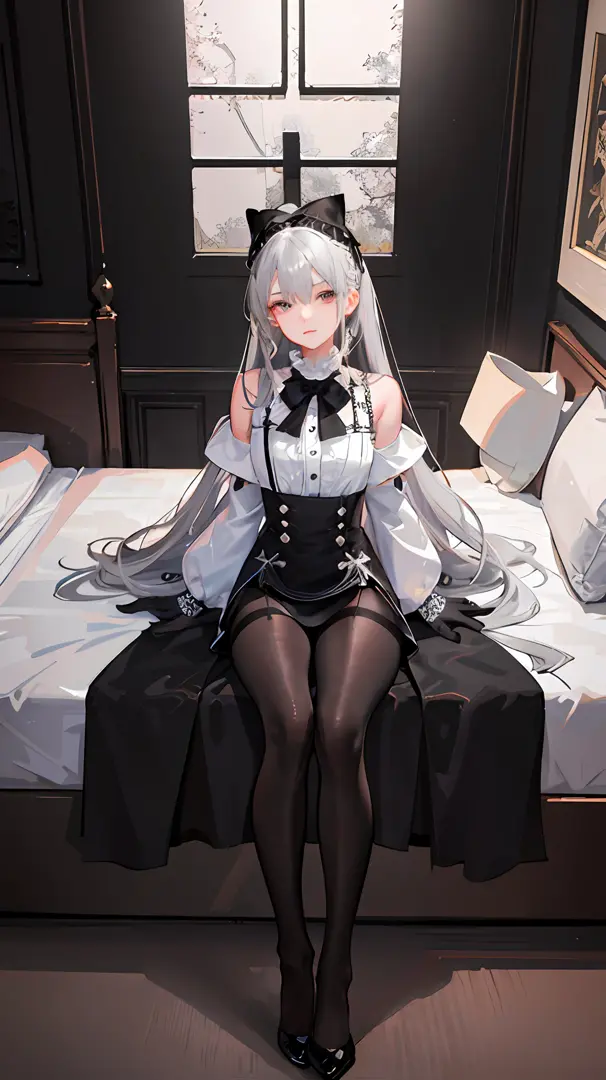 (((1 girl)),ray tracing,(dim lighting),[detailed background (bedroom)),((silver hair)),((silver hair)),(Fluffy silver hair, plum...
