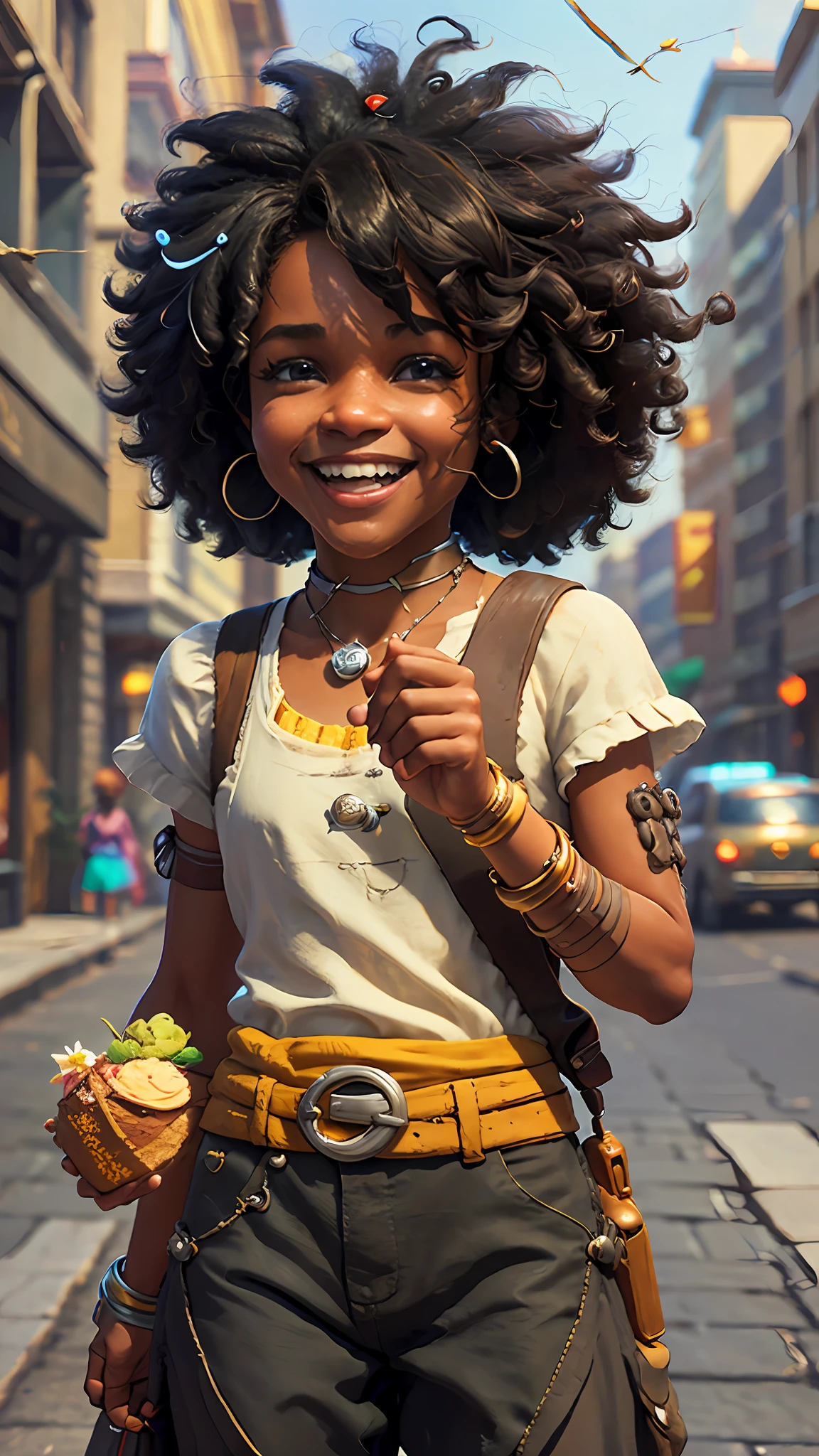 3D a cartoon character holding a small cake on a city street, black, (((solo))),  movie artwork, clean photo, ghailan!, as a pixar character, (((sorriso fofo))), cute young man, afro hair, grace and blessing, rendered in unreal, movie promotional image, rendered image --auto --s2