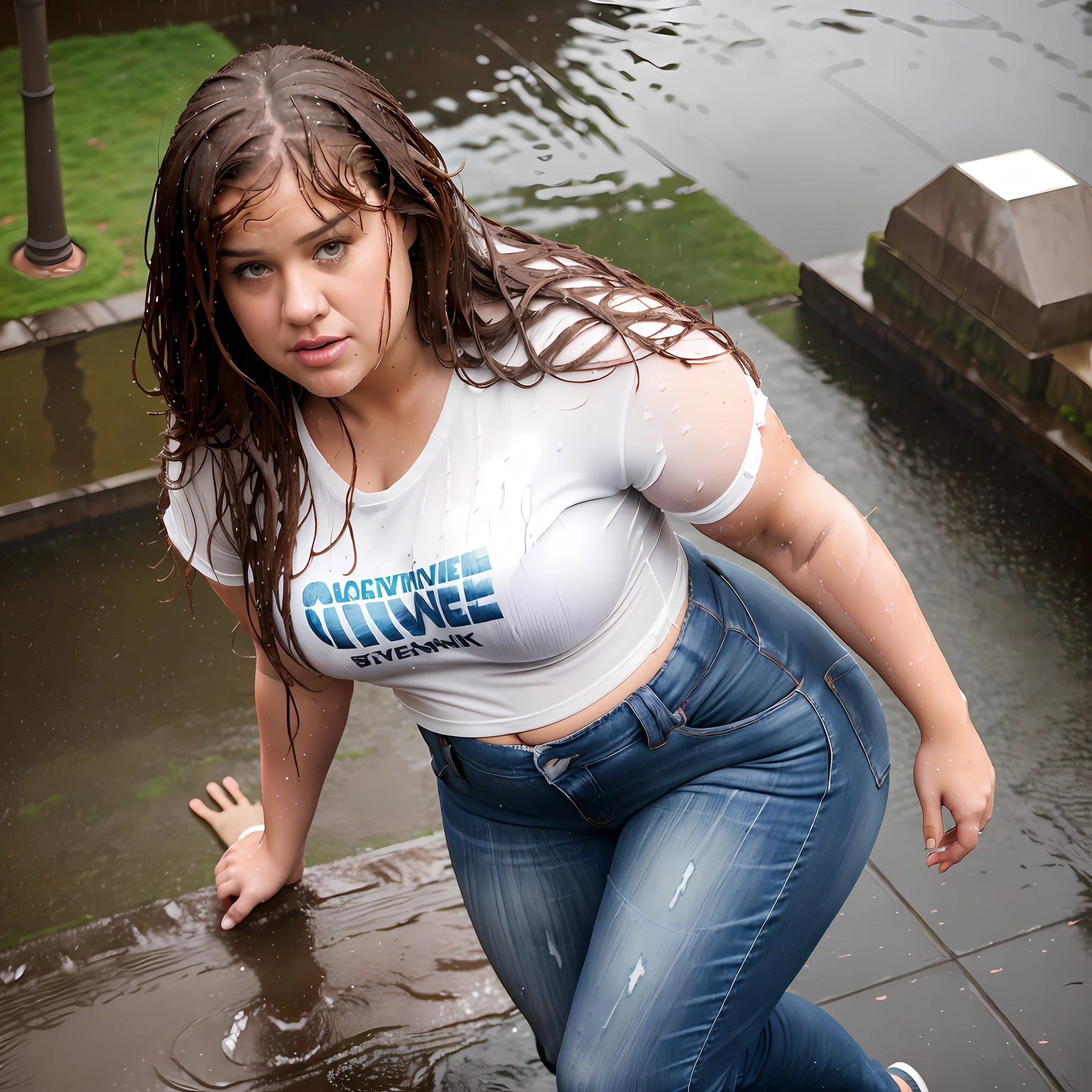 Arafed woman in jeans and a white shirt is standing in the rain - SeaArt AI