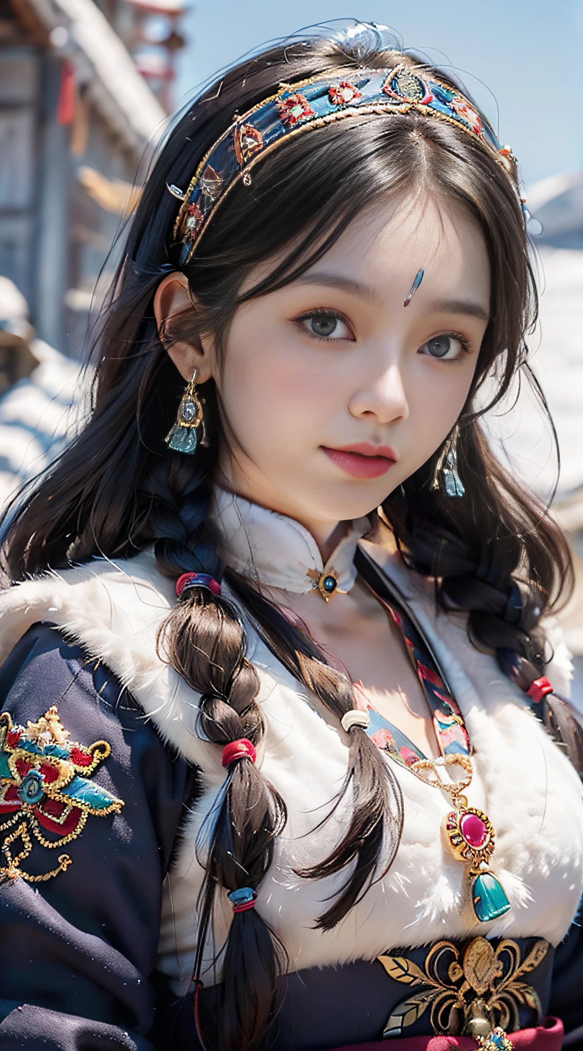 A girl, long braids, Tibetan girl, close-up on front, slightly raised ...