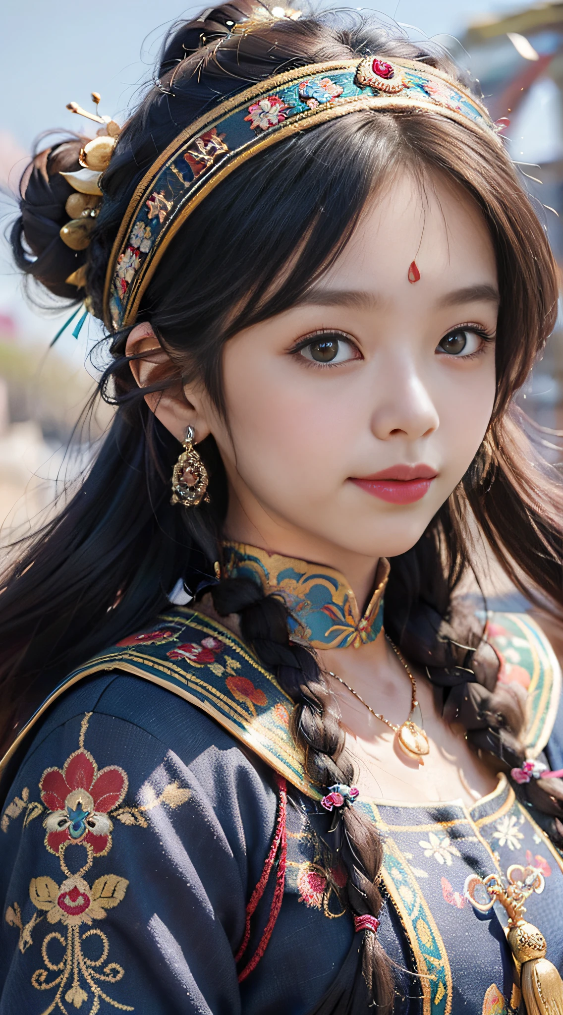 A girl, long braids, Tibetan girl, front close-up, slightly raised head ...