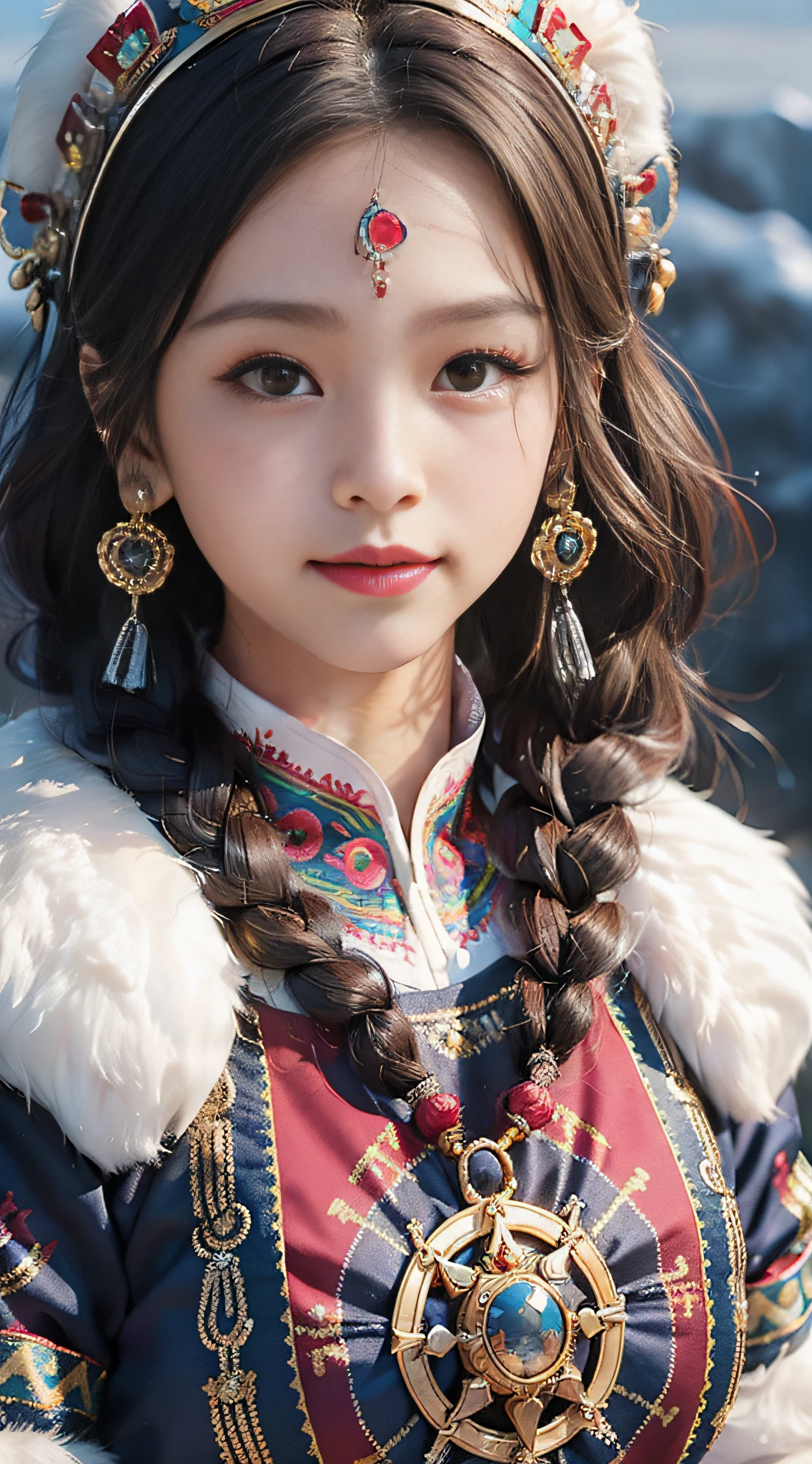 A girl, long braids, Tibetan girl, front close-up, slightly raised head ...