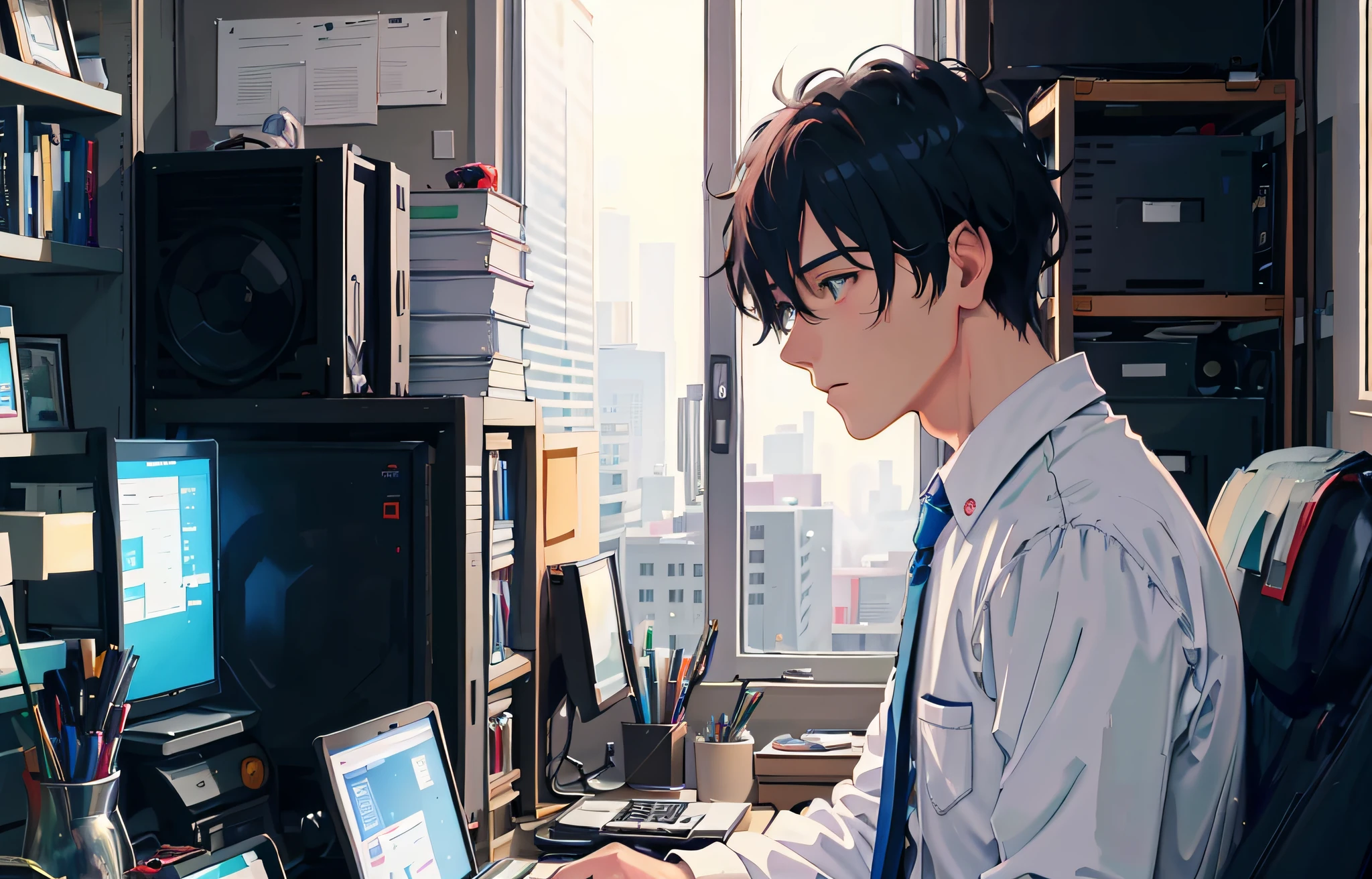 Anime guy sitting at a desk with a laptop and a monitor - SeaArt AI