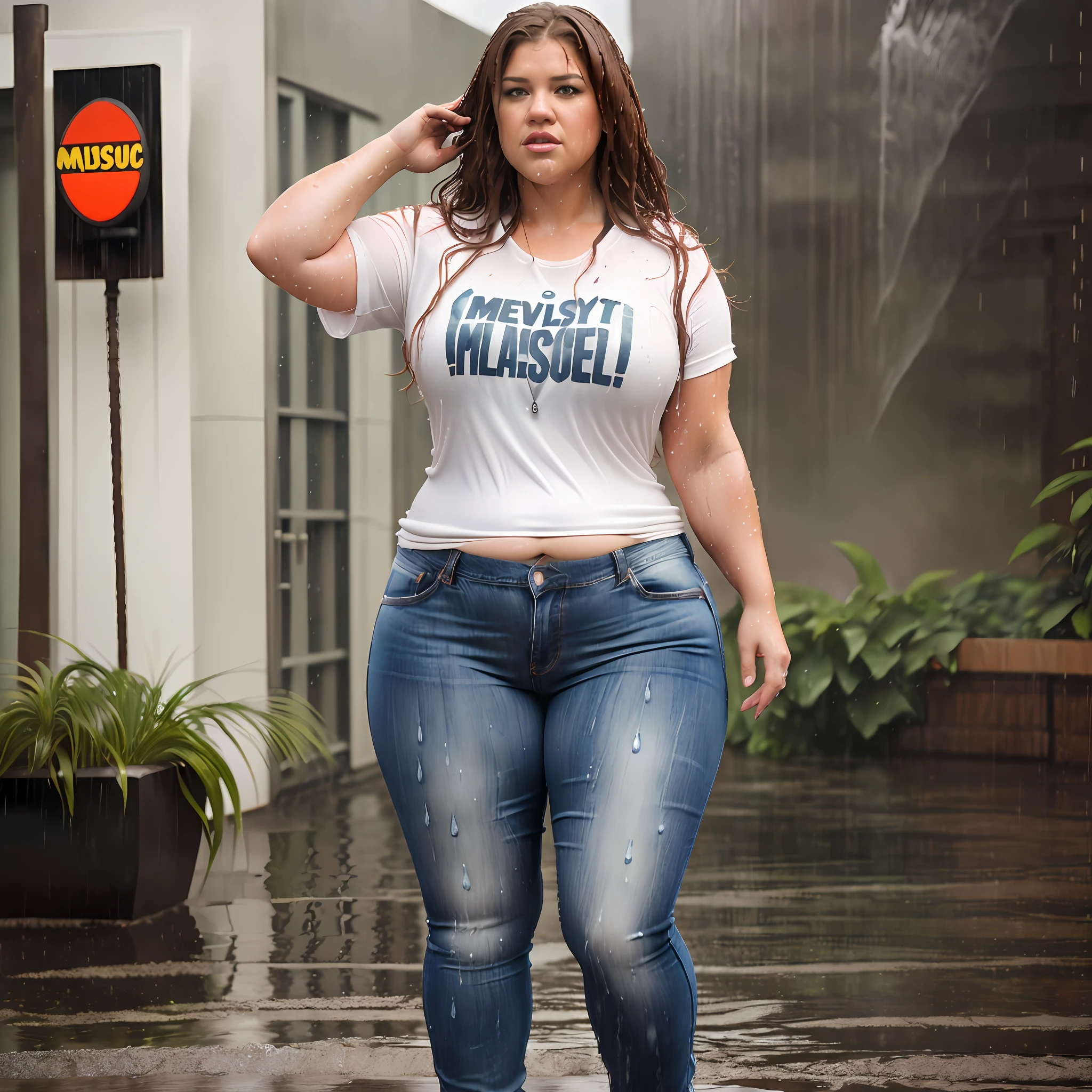 Araffe woman in a white shirt and jeans walking down a street - SeaArt AI