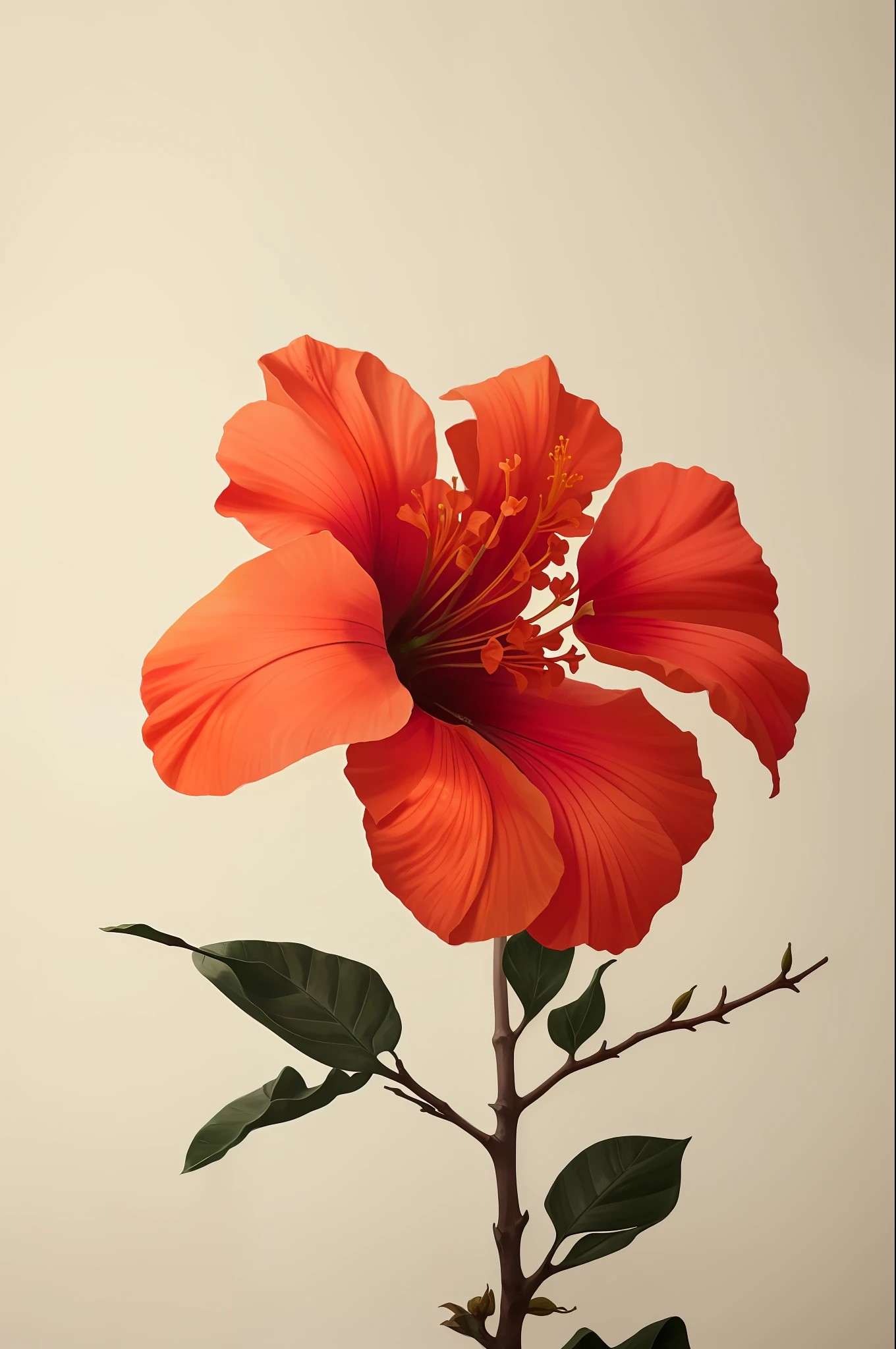 hibiscus flower blooming on a gnarled branch against a grey background, simple background, in the style of light orange and light beige, minimalist images, photography installations, paleocore, green and crimson, hyper-realistic, poetic intimacy