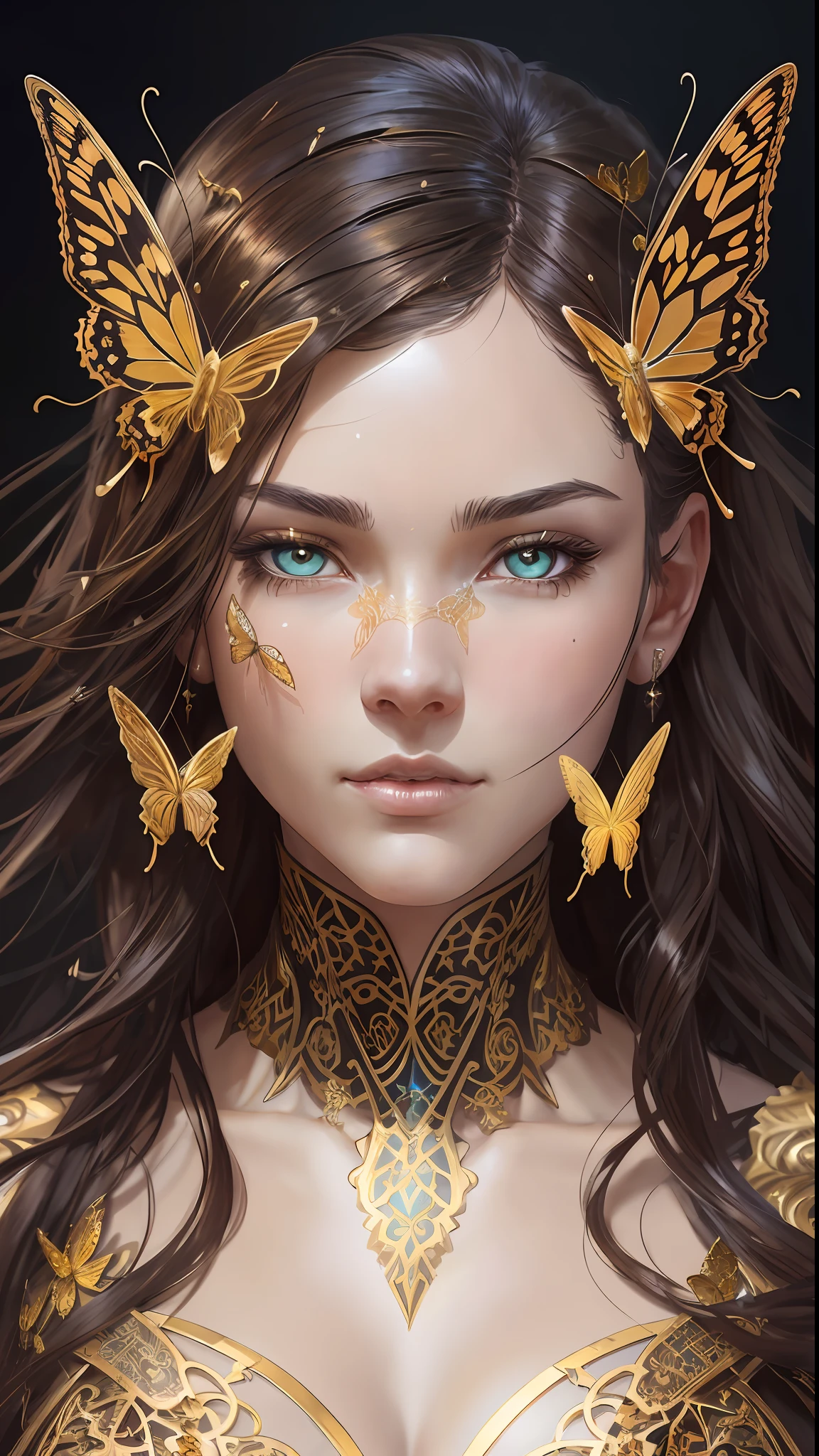 8k portrait of beautiful cyborg with brown hair, intricate, elegant, highly detailed, majestic, digital photography, art by artgerm and ruan jia and greg rutkowski surreal painting gold butterfly filigree, broken glass, (masterpiece, sidelighting, finely detailed beautiful eyes: 1.2), hdr,