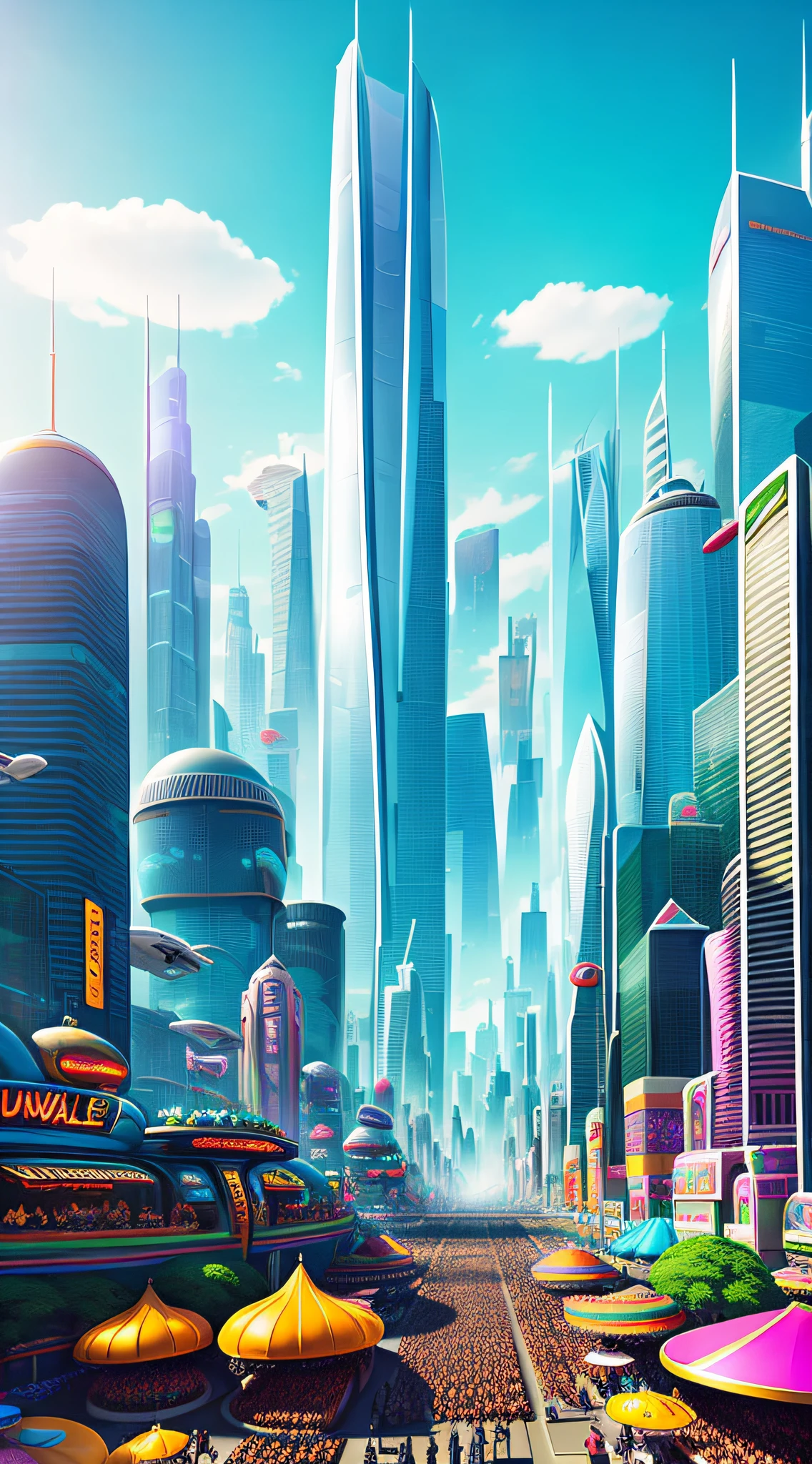 A bustling futuristic cityscape with floating skyscrapers and hovercars zooming between them. In the center of the city is a massive outdoor marketplace, filled with colorful stalls selling a wide variety of bizarre alien goods. The overall tone is lighthearted and whimsical, by Justin Maller