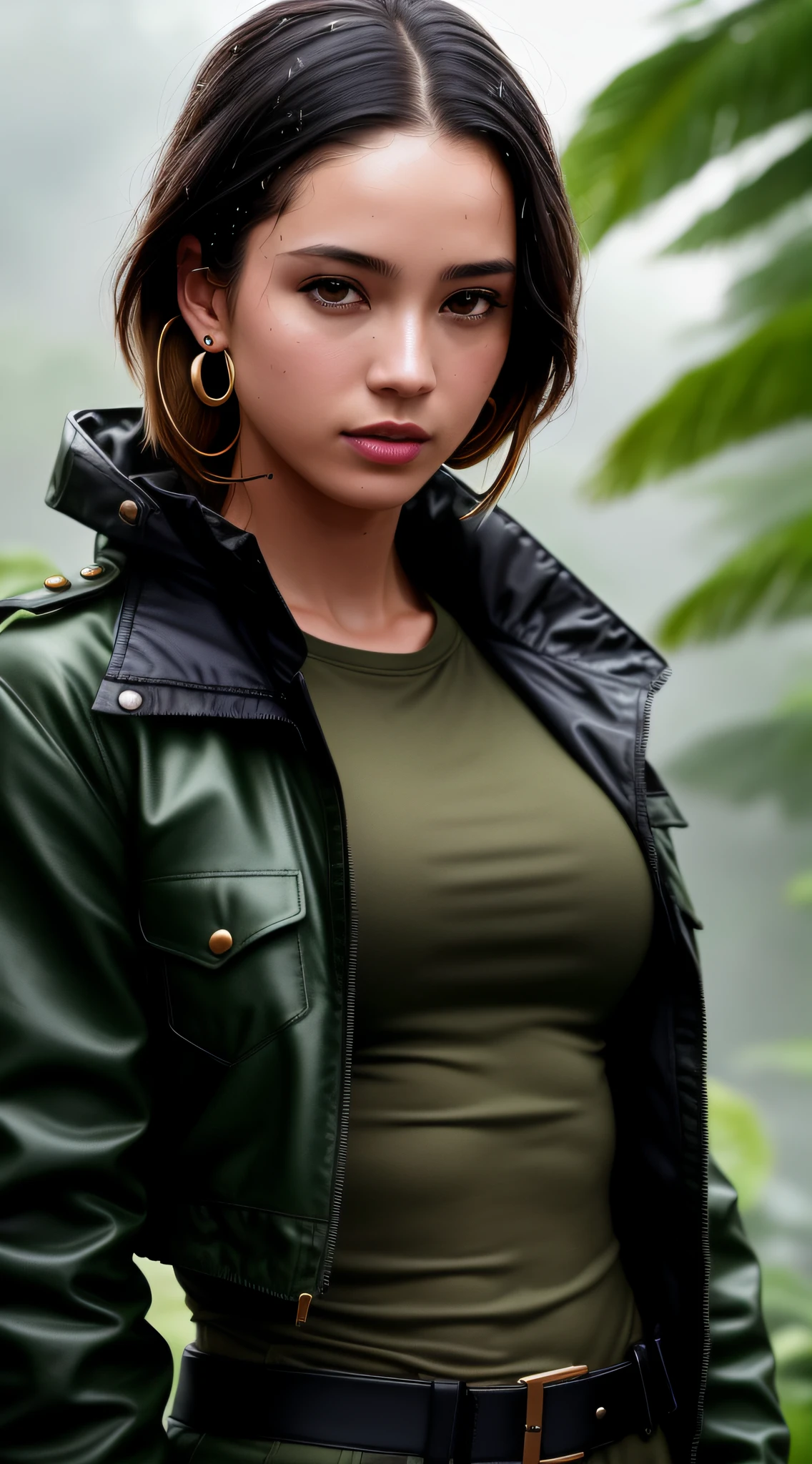 (thin: 1.3) Portrait of a female jungle commando, (blonde: 1.1), (shaved head: 1.35), black, (earrings, spikes, helmet, zippered sunglasses: 1.2), (wet: 1.2), (military equipment: 1.3) dark, gritty, gloomy, militaristic, (looking_at_ viewer: 1.3), Solo, Rainy Day, Bokeh, Dramatic Lightning, (Jungle Background: 1.2), ABS, Very Detailed, Masterpiece, Best Quality, 8k, (Oily Skin, Cell Shadow: 1.3), Color Line Drawings, (Art by Maciej Kuciara: 1.15), Art by Greg Rutkowski