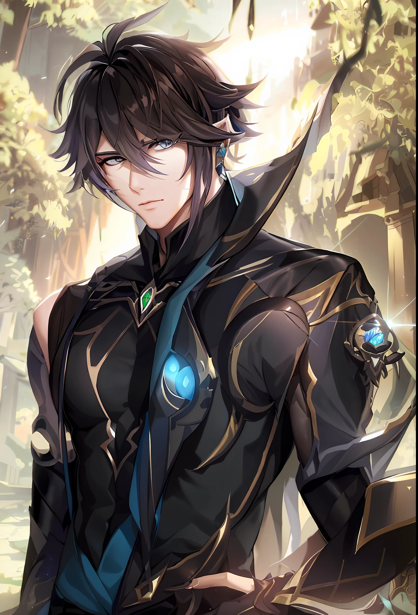 a close up of a person in a suit with a sword, shadowverse style, keqing from genshin impact, beautiful male elf, handsome guy in demon slayer art, thancred waters in style of wlop, key anime art, casimir art, shadowverse character concept, beautiful androgynous prince, zhongli from genshin impact, shadowverse