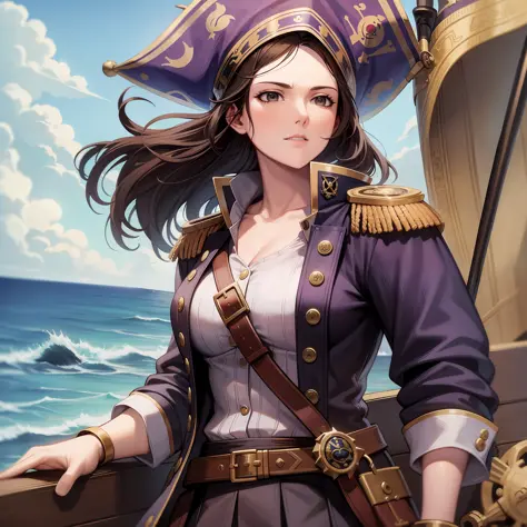Pirate captain, woman, brunette, 17th century Spanish uniform, flintlock pistol on her belt, rapier in hand, on the deck of her ship, looking towards the horizon, naval battle