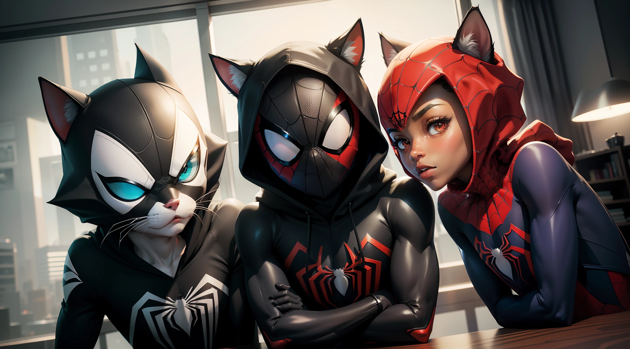 Spider - man and catwoman in their costumes sitting at a table - SeaArt AI