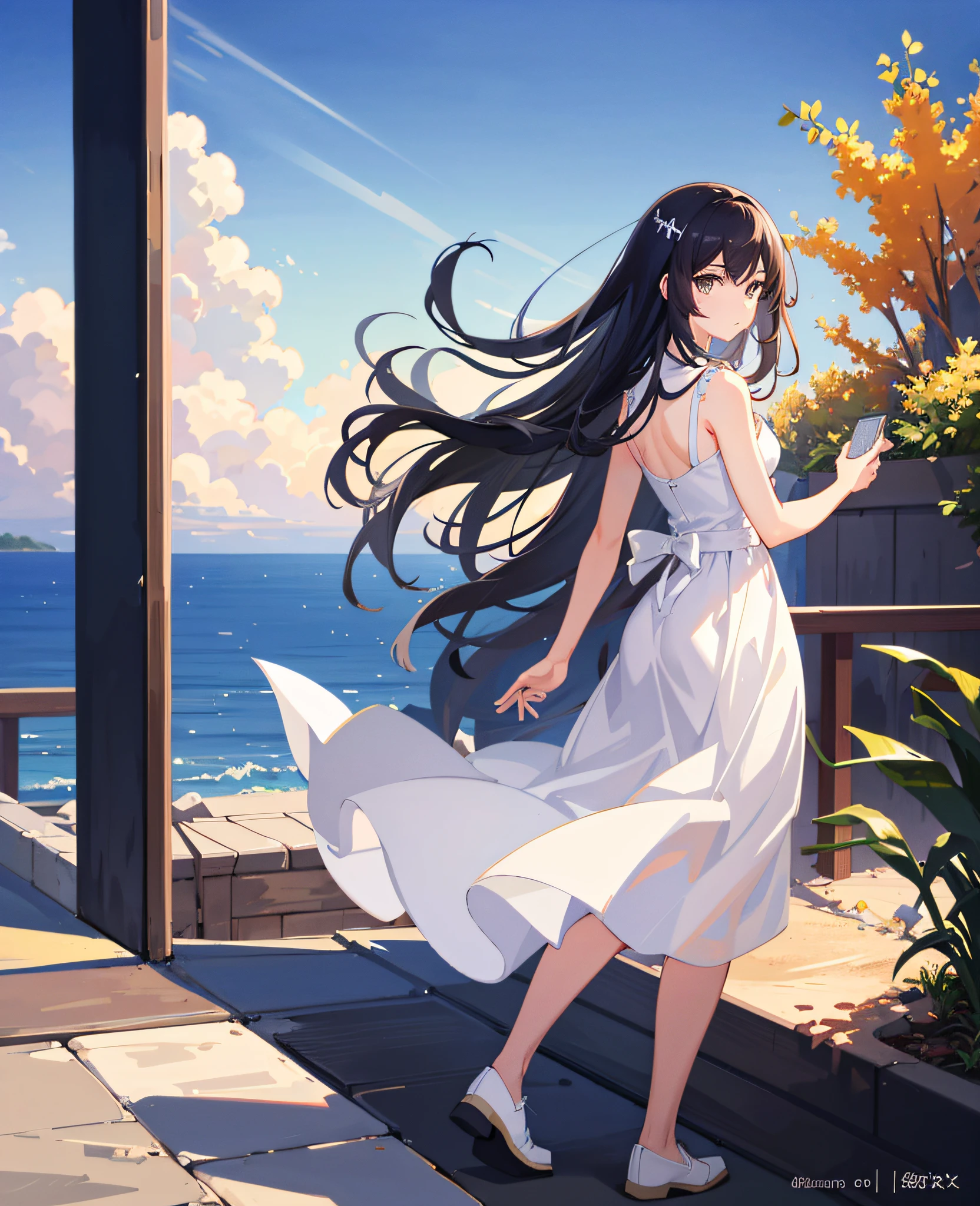 Anime girl in white dress walking on a walkway near the ocean - SeaArt AI