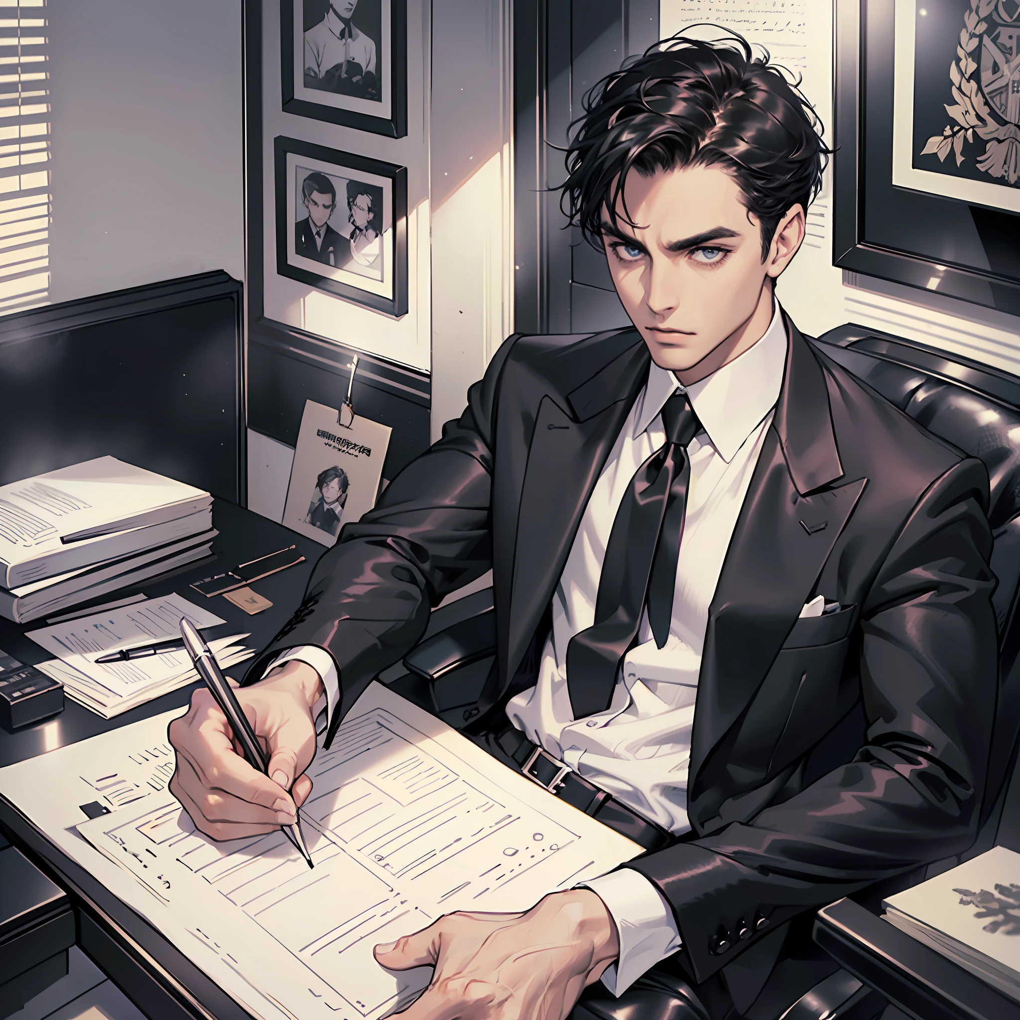 Masterpiece, Excellent, (Office: 1.5), CG drawing with super high detail, handsome, cold face, expressionless,
(a man with short black hair, white shirt, black tie, black pants, leather shoes, a little scum: 1.8),
Inside the president's office, luxurious, sitting on a chair, facing the audience, illustrations