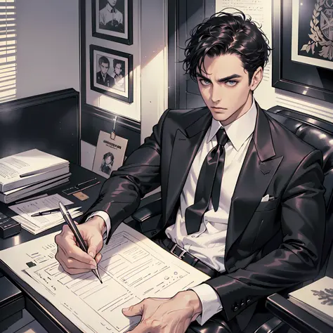 Masterpiece, Excellent, (Office: 1.5), CG drawing with super high detail, handsome, cold face, expressionless,
(a man with short...