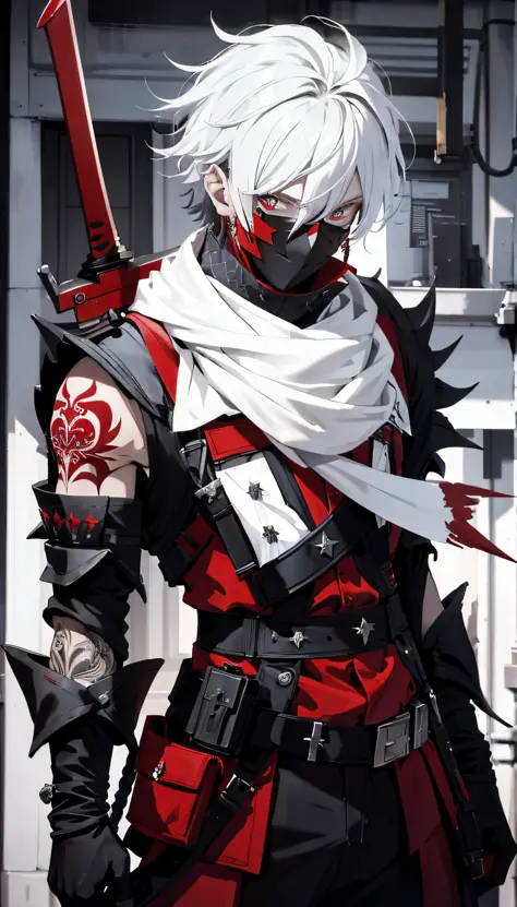 (absurdres, highres, ultra detailed), masterpiece, best quality, 1man, vibrant red outfit, holding two swords, white hair, sleev...