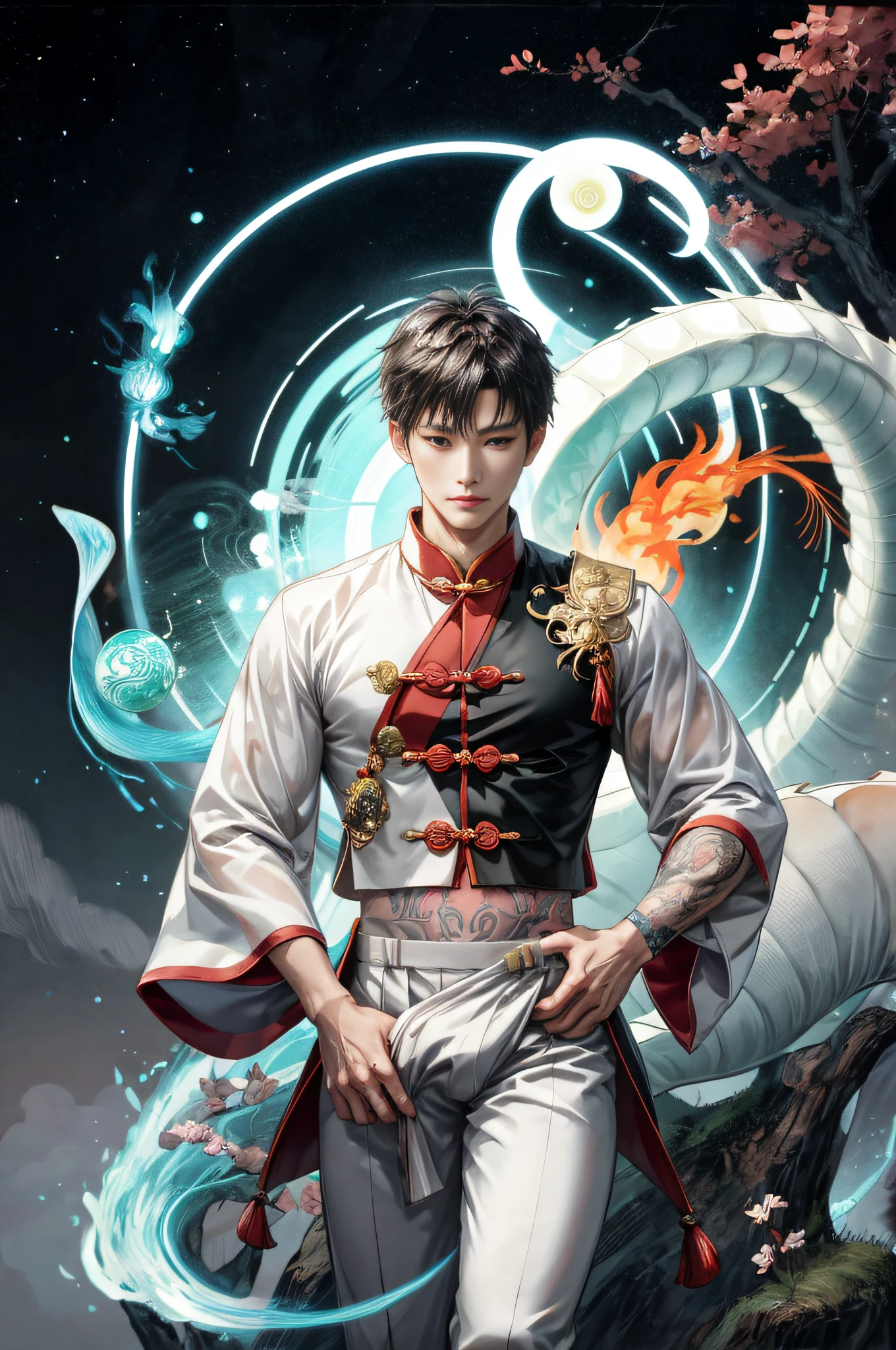 Handsome, 25 years old, Asian, master work, best picture quality, higher quality, high detail, super high resolution, 8k resolution, delicate facial features, boy, big muscles, tattoos, glowing eyes, hair details, [[look away, look to the side, emphasize homosexuality and pay attention to every detail , cross-legged, open Hanfu transparent tulle jacket, white rubber pants, (((((crotch bulge)))) (harmony, balance, yin and yang), Chinese silk painting, Tai Chi principle, smooth movement, interconnected elements, Interaction of contrasting forces, Taoist philosophy, Touch of the I Ching, warm and cold tones, reflective art, inspiration by Laozi, Zhuangzi, Yin and Yang Diagram, Taiji Diagram, Bagua Diagram, Spirit and Flesh Unity, Taoism, Summoning Magic, Movie Lighting, Fire and Ice, Bagua Background, Round Bagua, Yiyang, Taoist Practice, Meditation Meditation, Buddha Meditation, Spiral Dragon, Top Cloud Dragon,