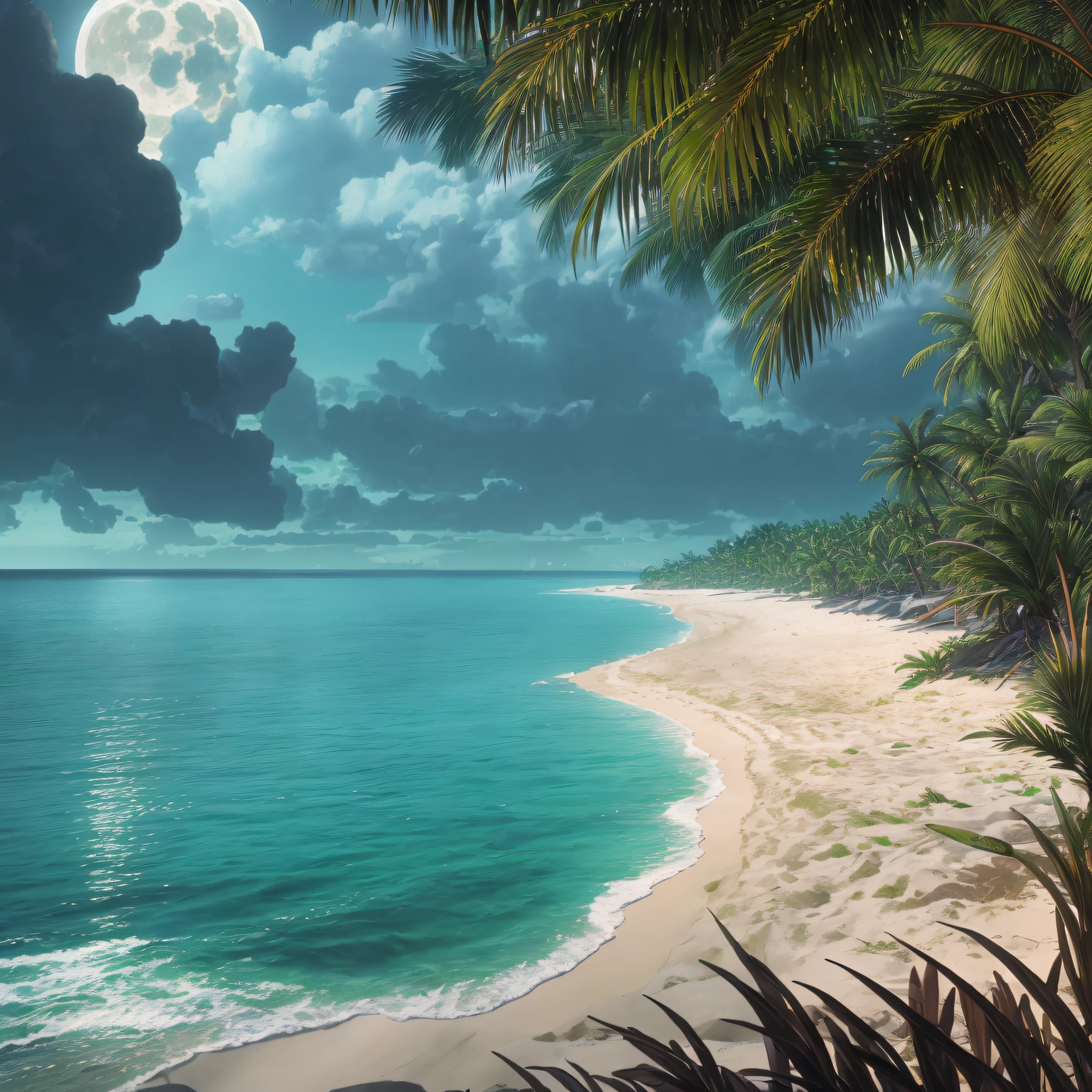 White delicate beach, Jungle lush coconut palms, The waves are 100 meters high, A full moon in the sky, A battleship in the middle, The battleship was struck by lightning apple, forest ::-1 big bad wolf, wood ::2 unreal engine, cinematic lighting, UHD, super detail --aspect 2:3 --auto --s2