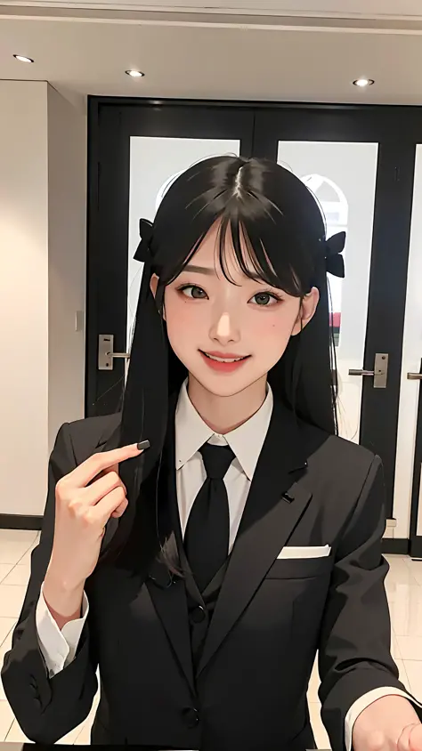 girl bows to guests with a 90-degree smile in a black suit at the hotel reception