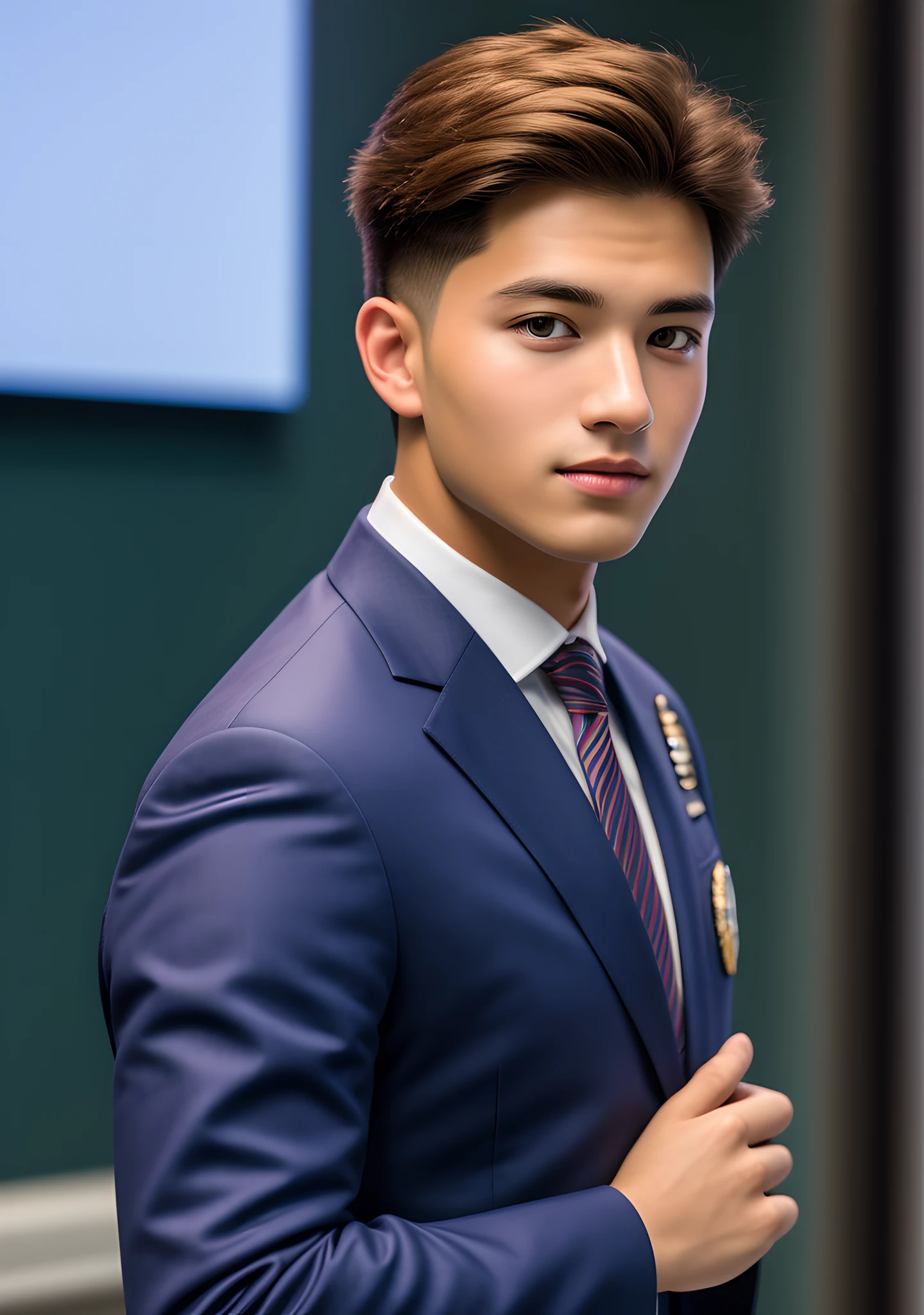(man), high school boy in handsome uniform, tanned, muscular, face, alone, (high detail: 1 of 1), natural skin, high quality, nsfw, beautiful eyes, (face: 1 2), noise, real photo, psd, sharp focus, high resolution 8k, realistic, professional photography, 8k uhd, slr camera, soft lighting, high quality, film grain, fujifilm xt3