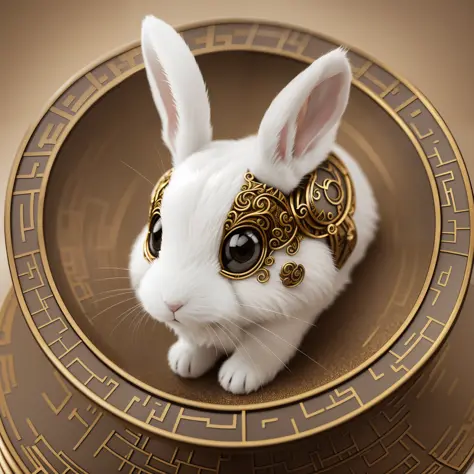 A cute white rabbit made of metal, Holding rice dumplings, (cyborg:1.1), (Intricate details), hdr, (Intricate details.), hyperdetailed:1.2), Vignette, in the center, dutch angle, Hyperrealism, cinematic lighting, tachi-e, zoom layer, from side, close-up, g...