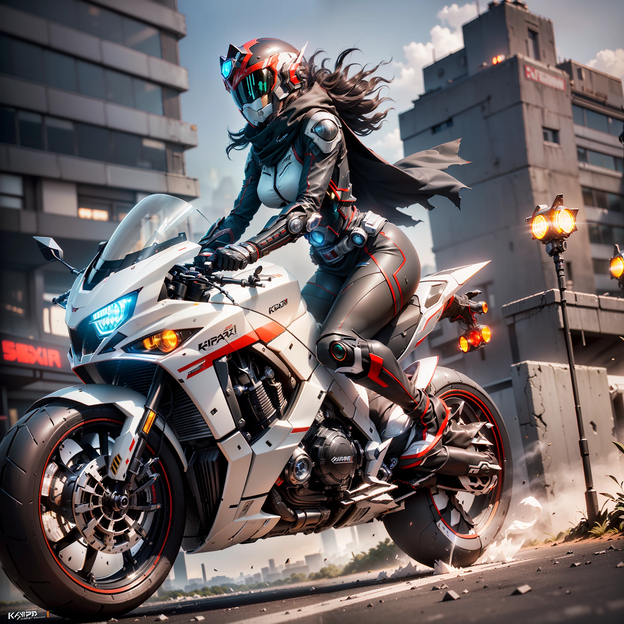 ((Best Quality)), ((Masterpiece)), (Details:1.4), 3D, Full Body Image, Image of Woman Driving a Cyberpunk Motorcycle, (((Dual Headlights)), White exterior with red lines, 6 exhaust silencers, Full cowl, Hypermachine, Racer style, ((Kamen Rider belt)), ((Kamen Rider style)), red scarf, Full-face helmet with flying locust, black riding suit with cyber design, HDR (High Dynamic Range), Ray Tracing, NVIDIA RTX, Super Resolution, Unreal 5, Subsurface Scattering, PBR Texturing, Post-Processing, Anisotropic Filtering, Depth of Field, Maximum Clarity and Sharpness, Multi-layered Textures ,Albedo and specular maps,Surface shading,Accurate simulation of light-material interaction,Slender body,Perfect proportions,Sharp eyeliner,((Full body),Sharp focus,Octane rendering,Two-tone lighting,Wide aperture,Low ISO,White Balance,Rule of Third,8K RAW, circuit board AI, 4k, foggy, night city background,