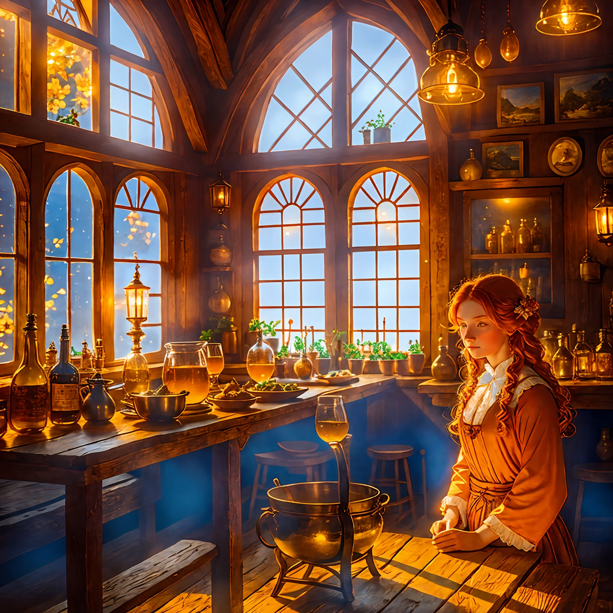 Light field photography, ginger woman in a cozy warm 17th century tavern, ultra high quality, luminism, maximalism