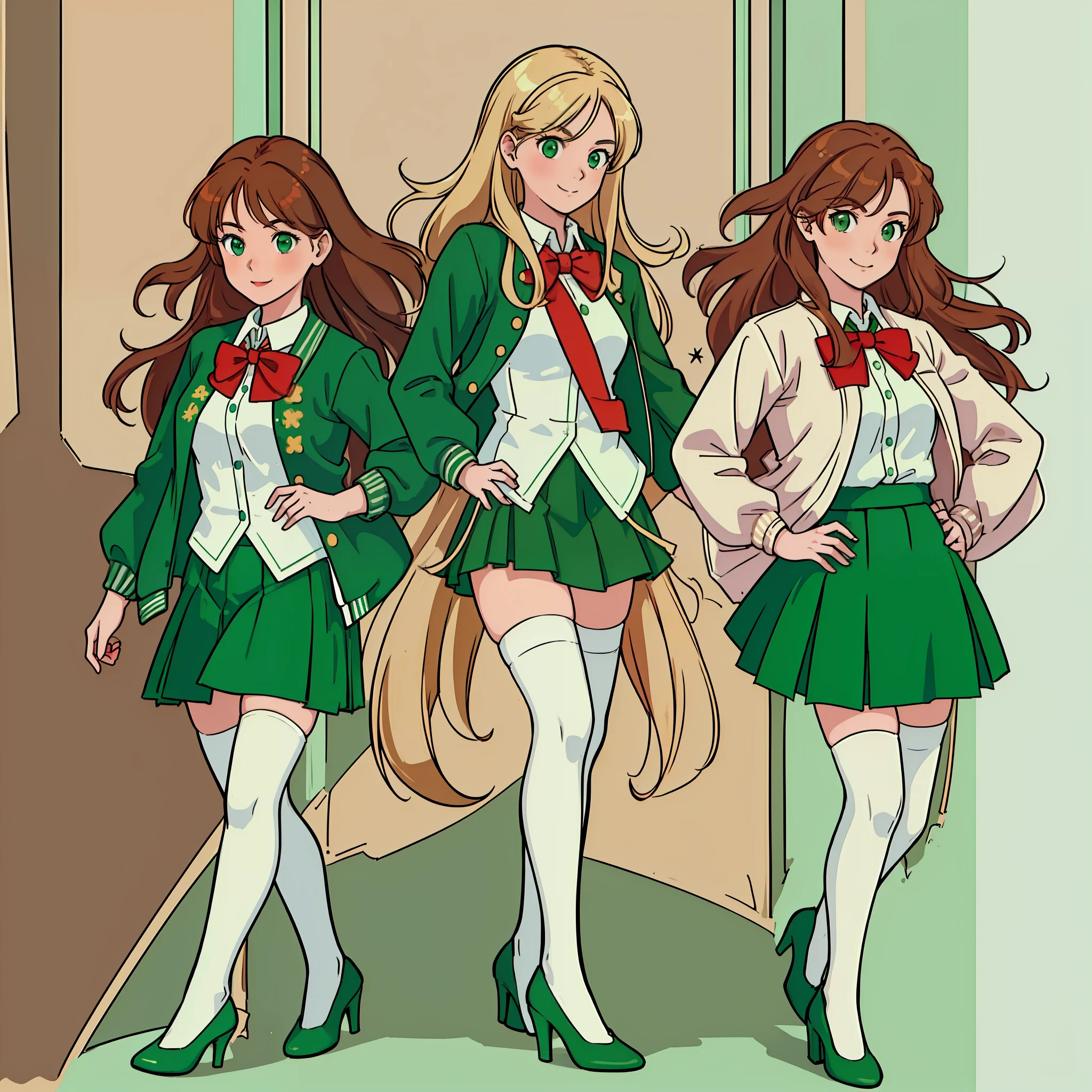 perfekte Anime-Illustration, Mädchen im Teenageralter, mittlere Brüste, 3Mädchen, (((1 blonde girl, 1 rothaariges Mädchen, 1 braune Haareed girl))), gleichaltrige Schwestern, reiche sexy Schulmädchen, braune Haare, Rote Haare, blondes Haar, Lockige haare, lange Haare, verschiedene Haarfarben, haselnussbraune Augen, lächelnd, weiße Haut, (((Schuluniform, grüne Jacke, Geschlossene Jacke, rote Fliege, grüner Rock, weiße schenkelhohe Socken, grüne High Heels, passende Outfits, identische Outfits))), highres, Schlafzimmer, Ganzkörper, posiert