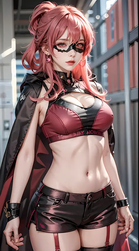 Beautiful woman, 1 girl, woman with pink hair and brown-red cape, pose, ((red cloth eye patch)), black pantyhose, black gloves, sports bra, jewelry, shorts, J thighs. Pink hair, drills, asymmetrical hair, brown hood